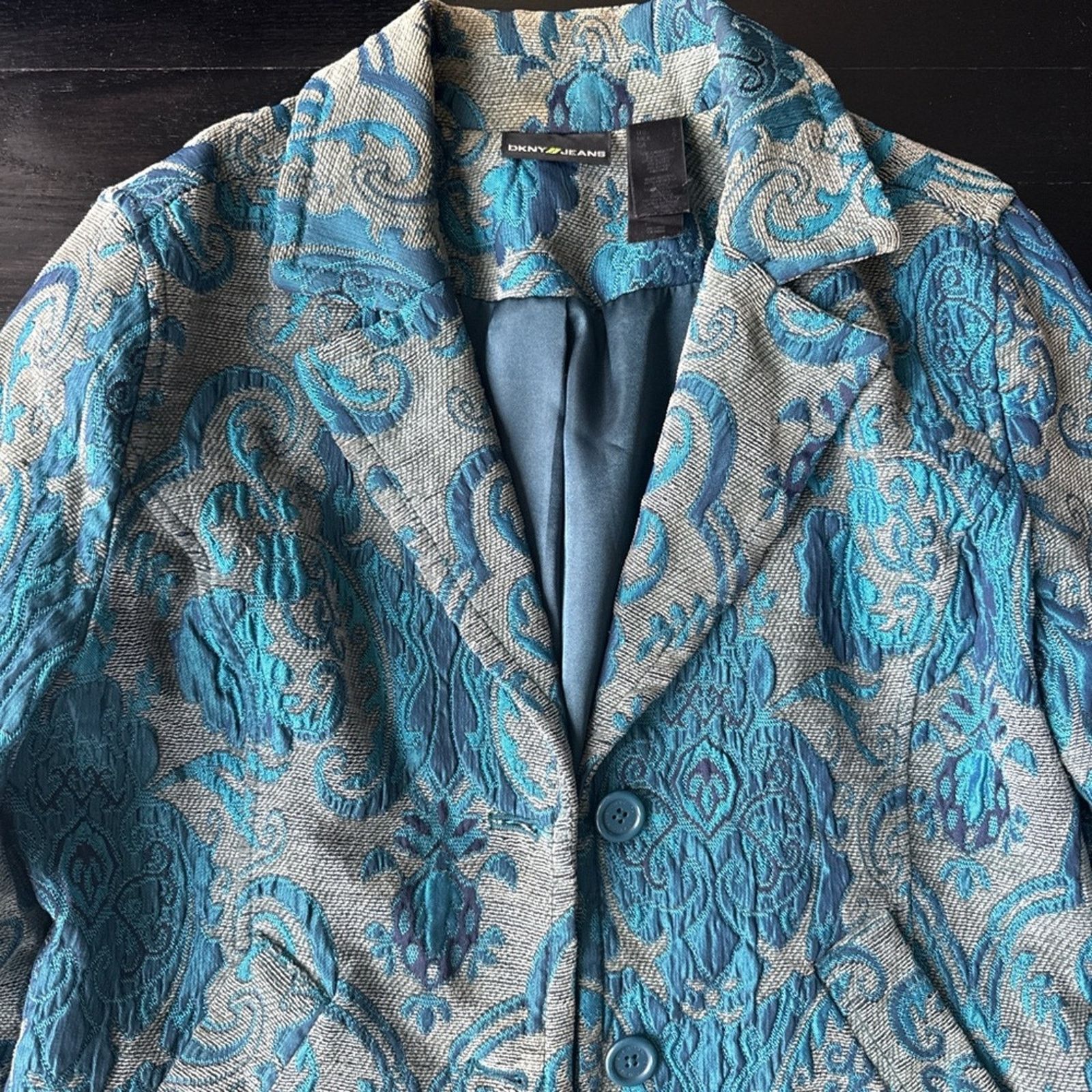 DKNY Vntg DKNY turquoise brocade Elegant Blue Women's Coat Size M / US 6-8 / IT 42-44 - 2 Thumbnail