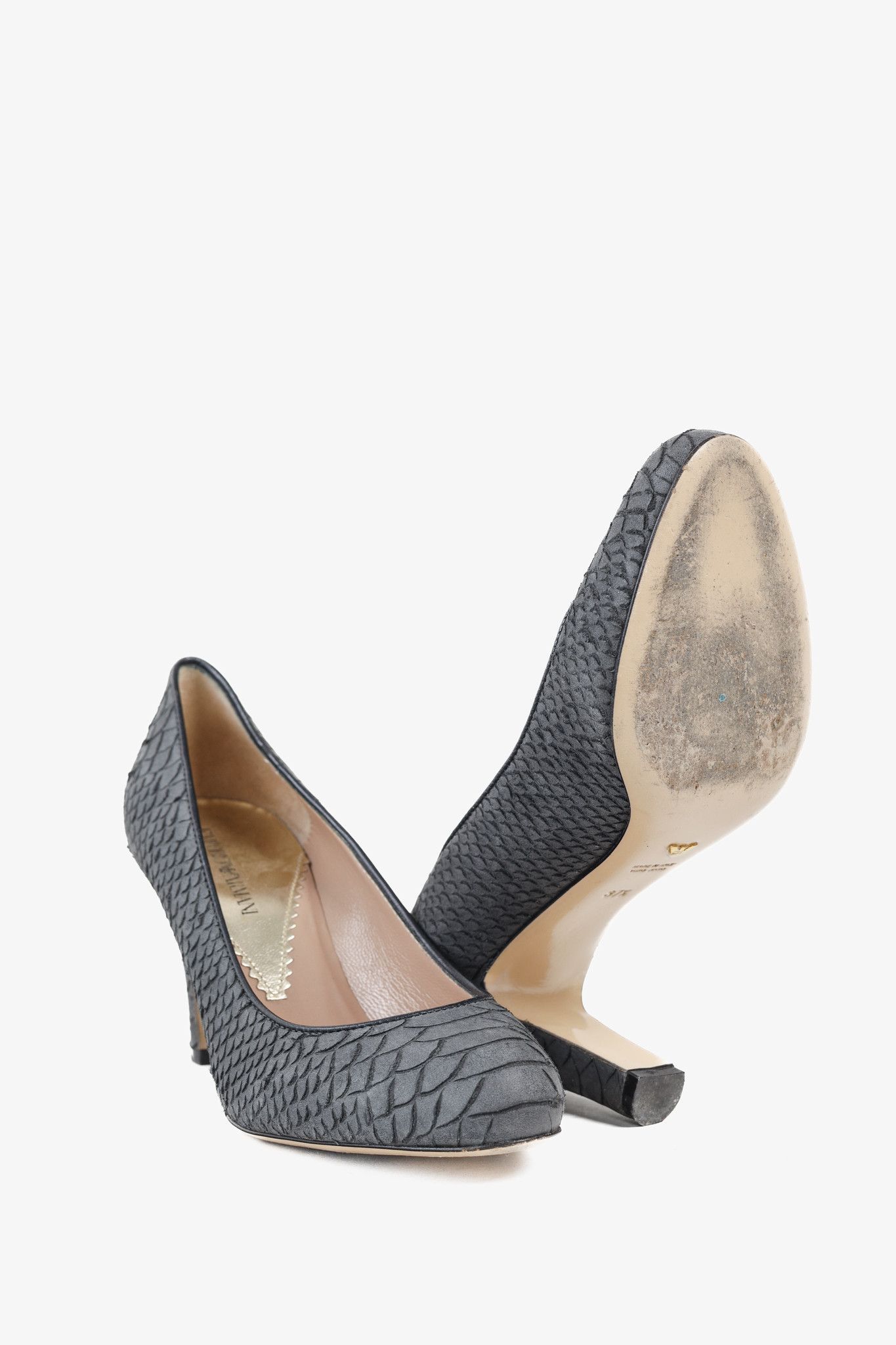 Emporio Armani Emporio Armani Snake Stamped Grey Leather Pumps Size US 7 / IT 37 - 4 Thumbnail