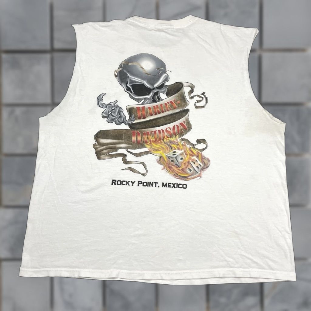 Harley Davidson VINTAGE Harley-Davidson T Shirt Adult XL White Rocky Point Biker Sleeveless Skull Dice Crew Neck Logo Graphic Print Men Size US XL / EU 56 / 4 - 1 Thumbnail