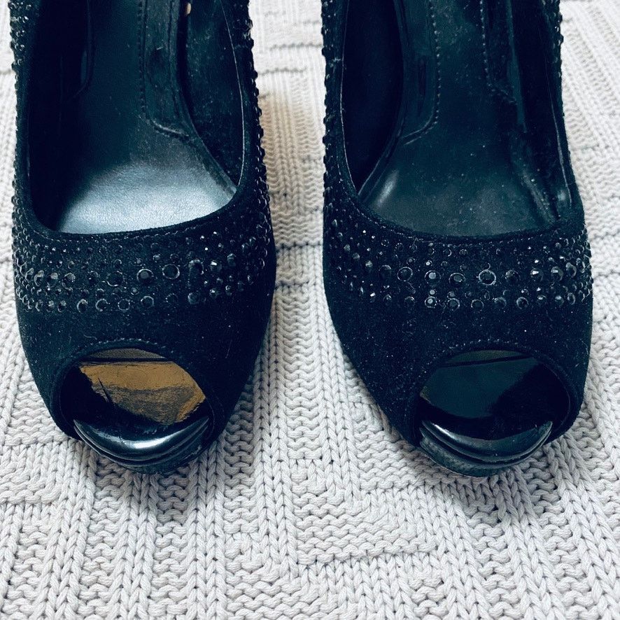 White House Black Market WHBM black suede rhinestone peep toe heels Size US 6.5 / IT 36.5 - 2 Thumbnail