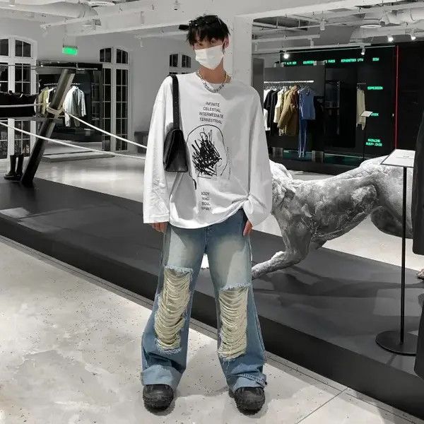 Jean Fujiwara x Asa Baggy distressed ripped wide leg y2k jeans Size US 34 / EU 50 - 2 Thumbnail