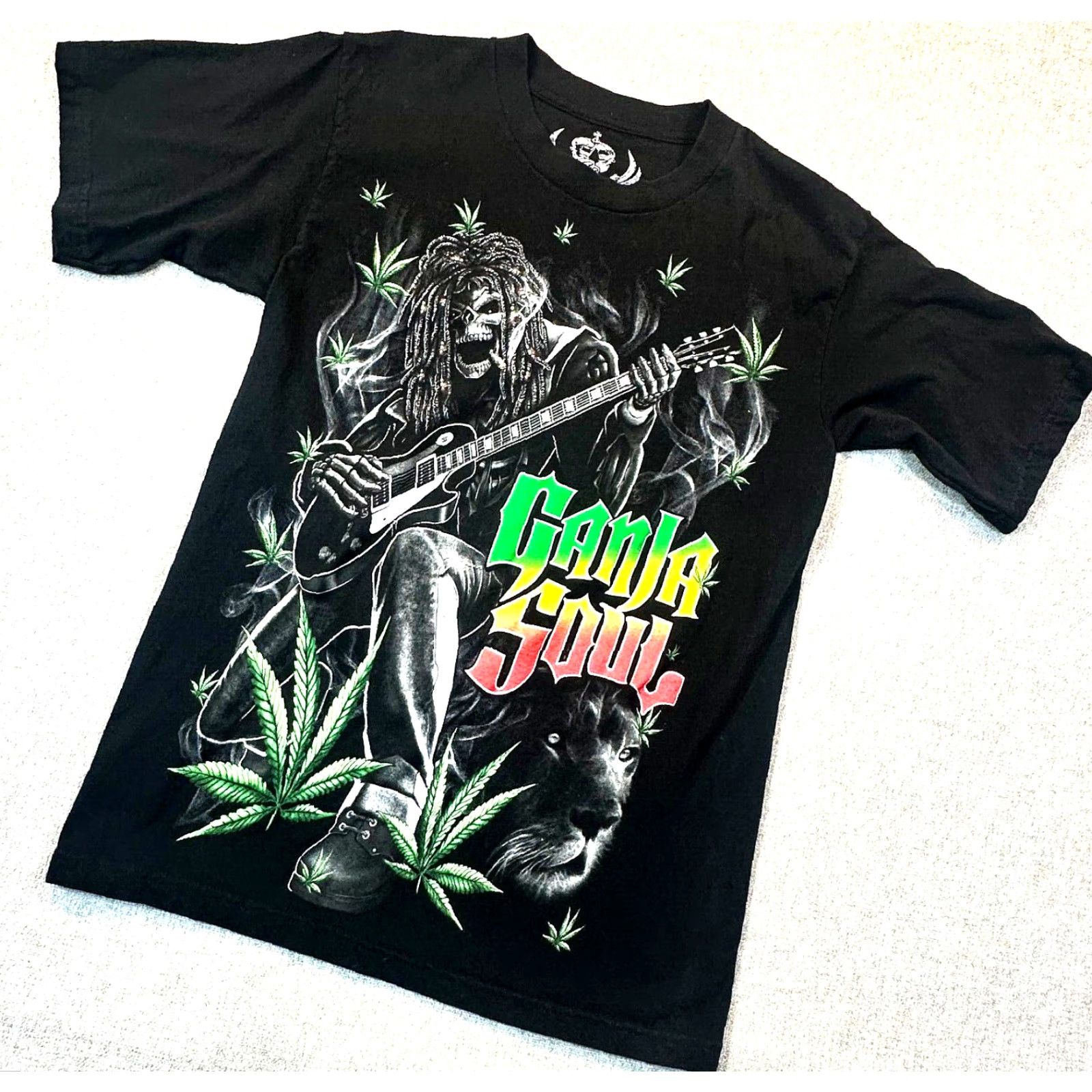 Vintage Ganja Soul Mens Medium Skeleton Dreads Guitarist Lion Rasta Marijuana Weed Tee Size US M / EU 48-50 / 2 - 2 Thumbnail