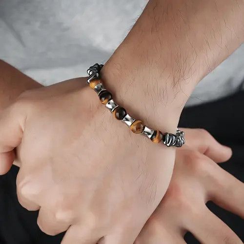Jewelry Brown Tiger Eye Beaded Men's Bracelet, Silver Accent Size ONE SIZE - 6 Thumbnail