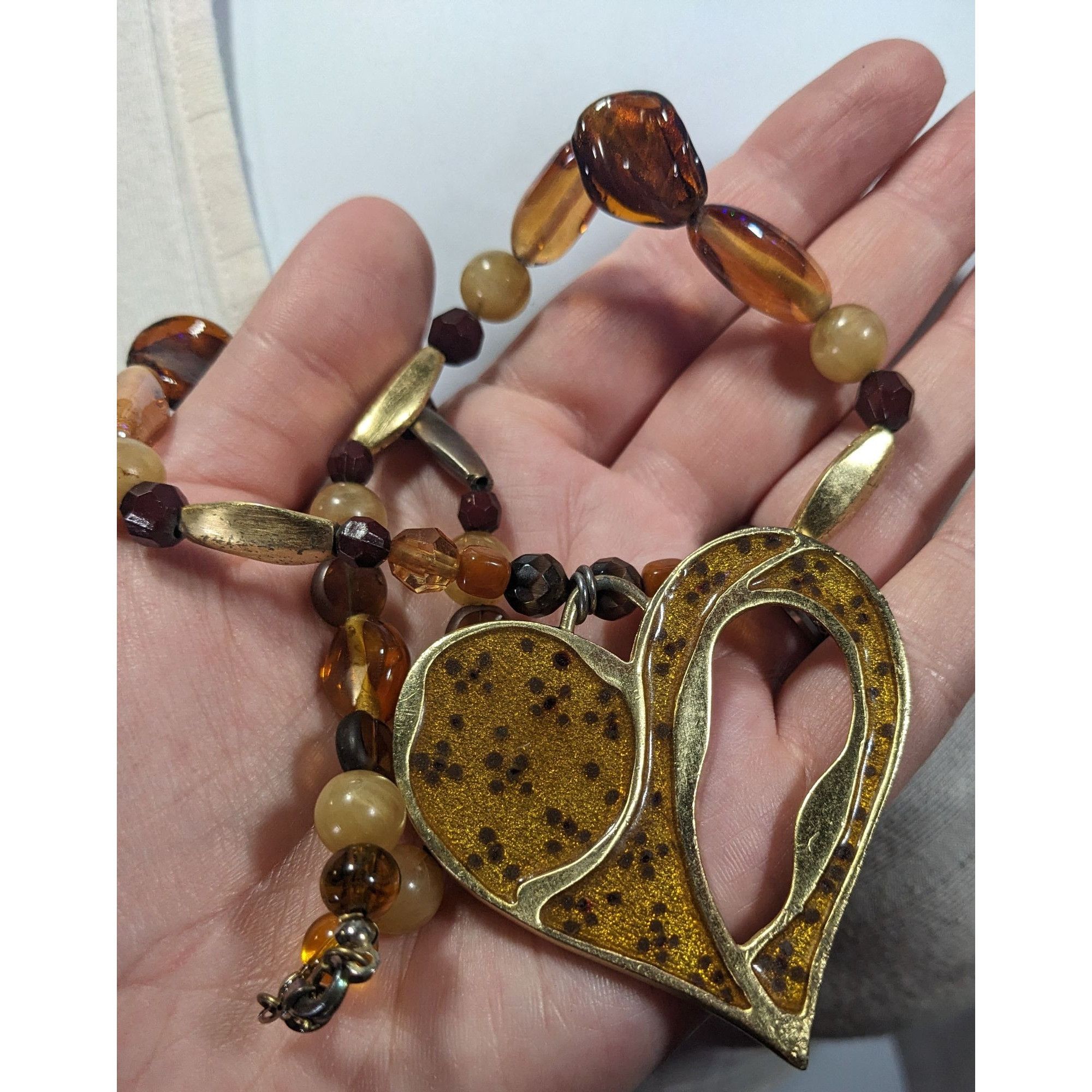 Other Chunky Unique Heart Pendant Necklace Brown And Gold Tone Wit Size ONE SIZE - 5 Thumbnail