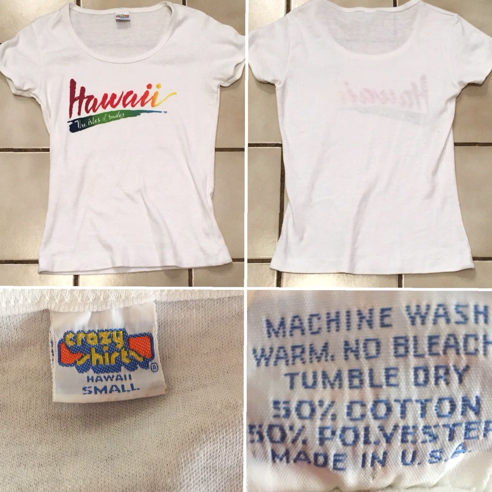 Vintage VINTAGE Crazy Shirts Hawaii The Isles Of Smiles T-Shirt 70s 80s Rainbow Letter S Shirt Womens Small White Cotton Blend Graphic Sportswear/Beach Size S / US 4 / IT 40 - 6 Thumbnail