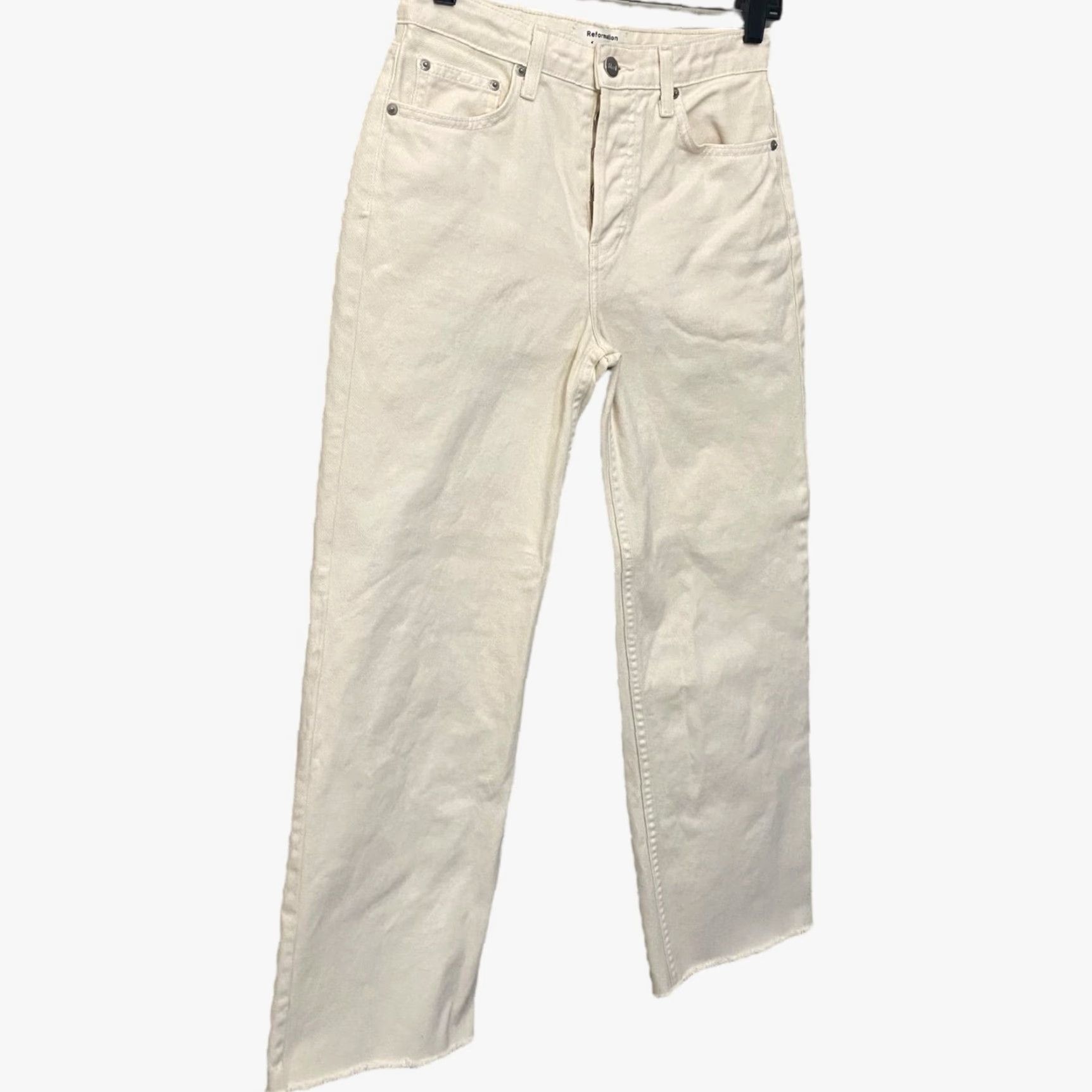 Reformation VINTAGE Reformation Fawcett Straight-Leg Denim Jeans Womens 25 High-Rise Raw-Hem Ivory Cotton Retro Size 42" / US 20 - 3 Thumbnail