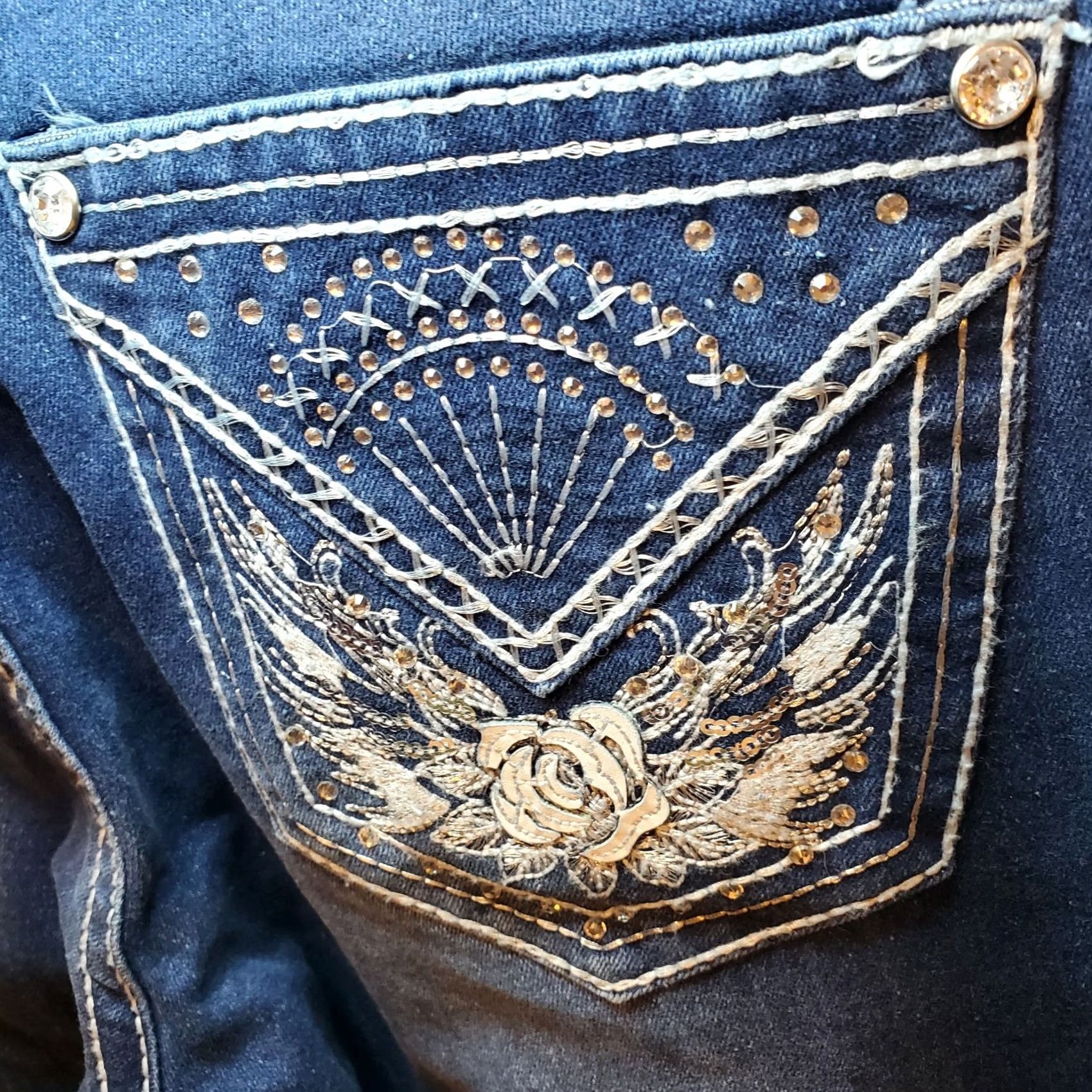 Vintage Vintage Y2K Angel Jeans Flare Dark Wash Bling Pockets Hippie Street 90s Size 28" / US 6 / IT 42 - 3 Thumbnail