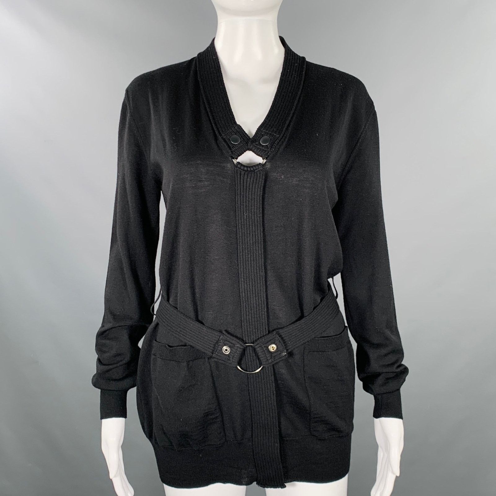 Jean Paul Gaultier JEAN PAUL GAULTIER Size M Black Knit V-Neck Belted Pullover Size M / US 6-8 / IT 42-44 - 1 Thumbnail