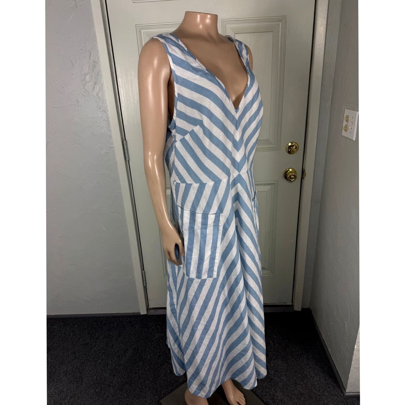 Vintage Kate Spade New York Women's Dress 14 Blue Pockets Striped Fit & Flare Party/Cocktail Sleeveless Short 100% Cotton Size XL / US 12-14 / IT 48-50 - 6 Thumbnail