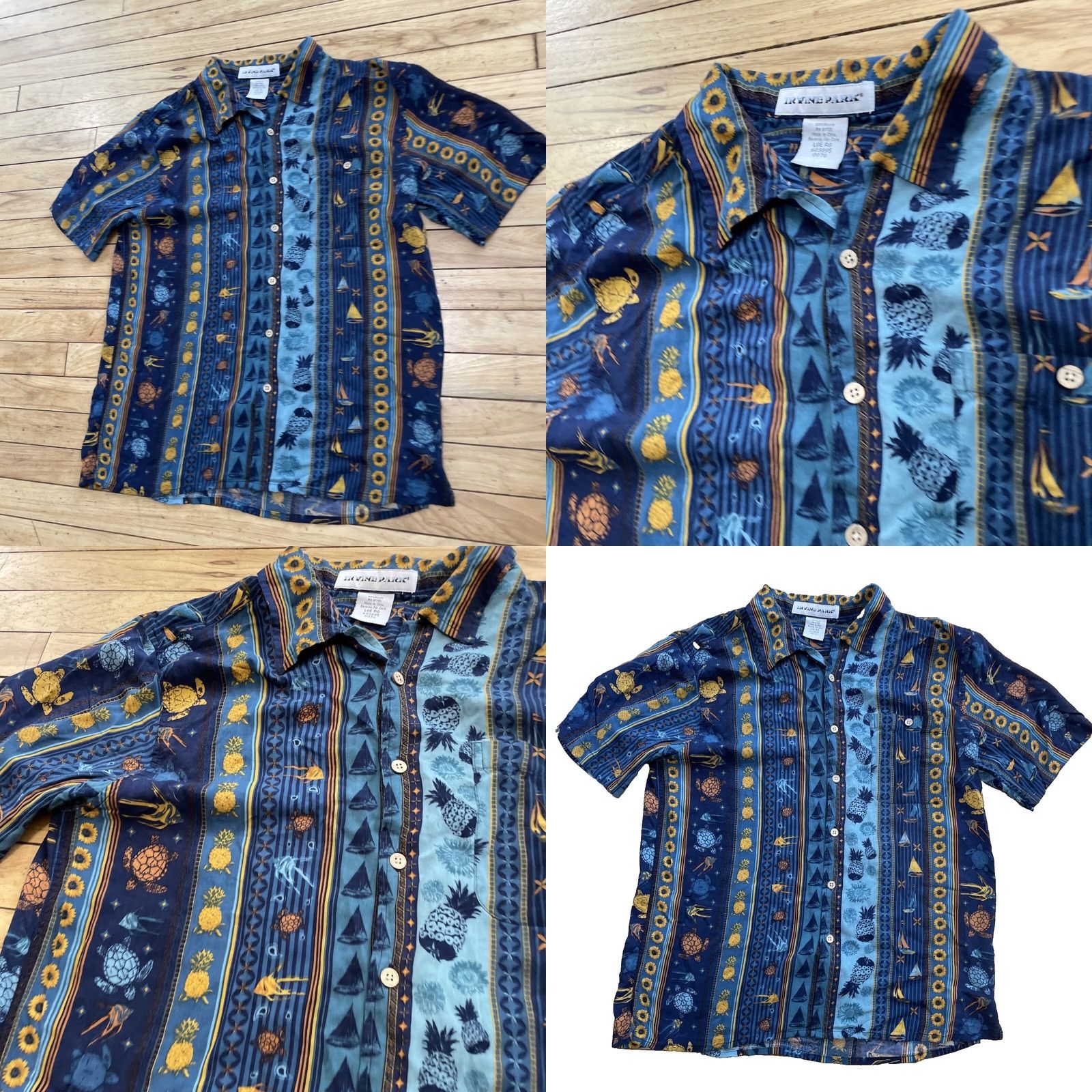 Vintage Irvine Park Button Shirt Men L Stripe Blue Sunflowers Pineapple Turtle Sail Boats Beach Hawaiian Size US L / EU 52-54 / 3 - 11 Thumbnail