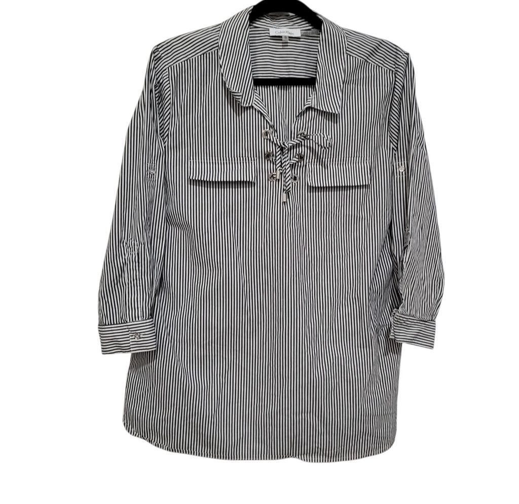Calvin Klein Calvin Klein Women Black White Front Tie Roll-Tab Blouse XL Size XL / US 12-14 / IT 48-50 - 5 Thumbnail