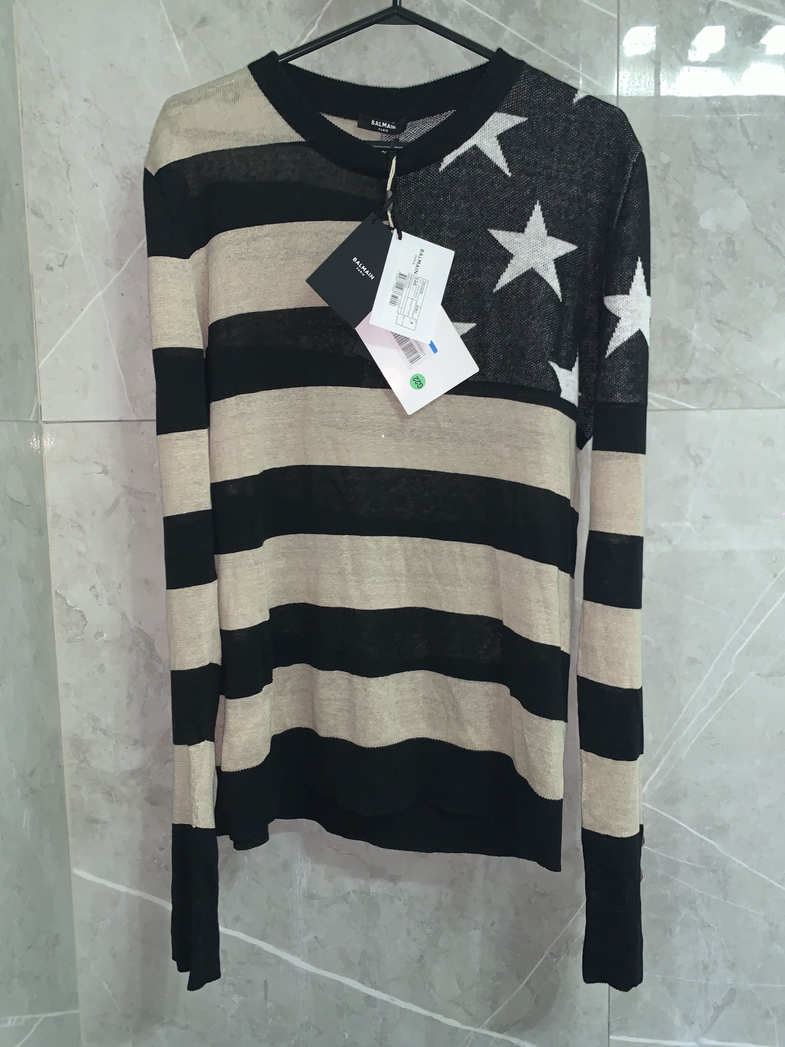 image of Balmain Oversized American Flag Linen Intarsia Sweater in Beige/Black, Men's (Size Small)