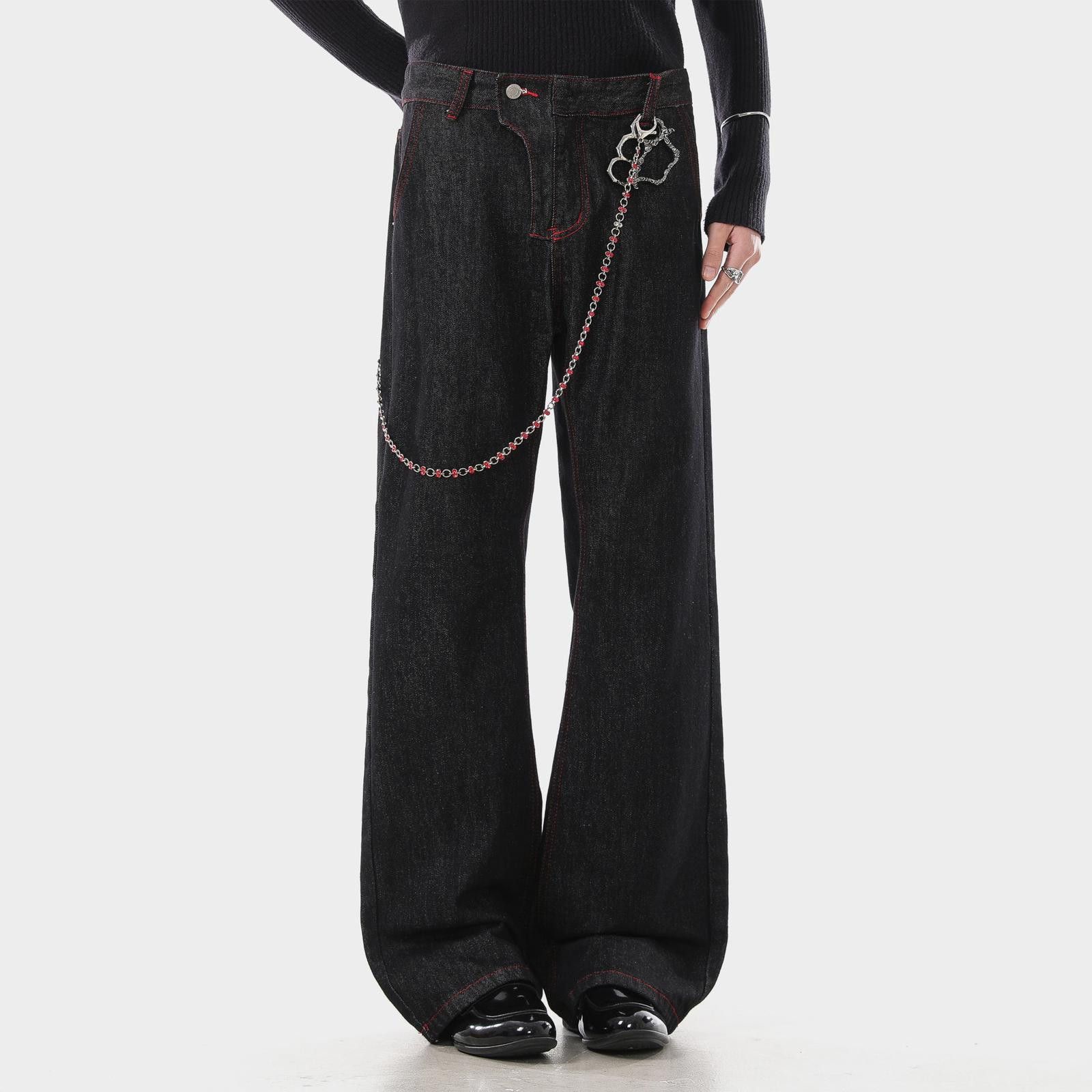 Vintage Black Wide Leg Denim Jeans with Chain Detail Size US 32 / EU 48 - 1 Thumbnail