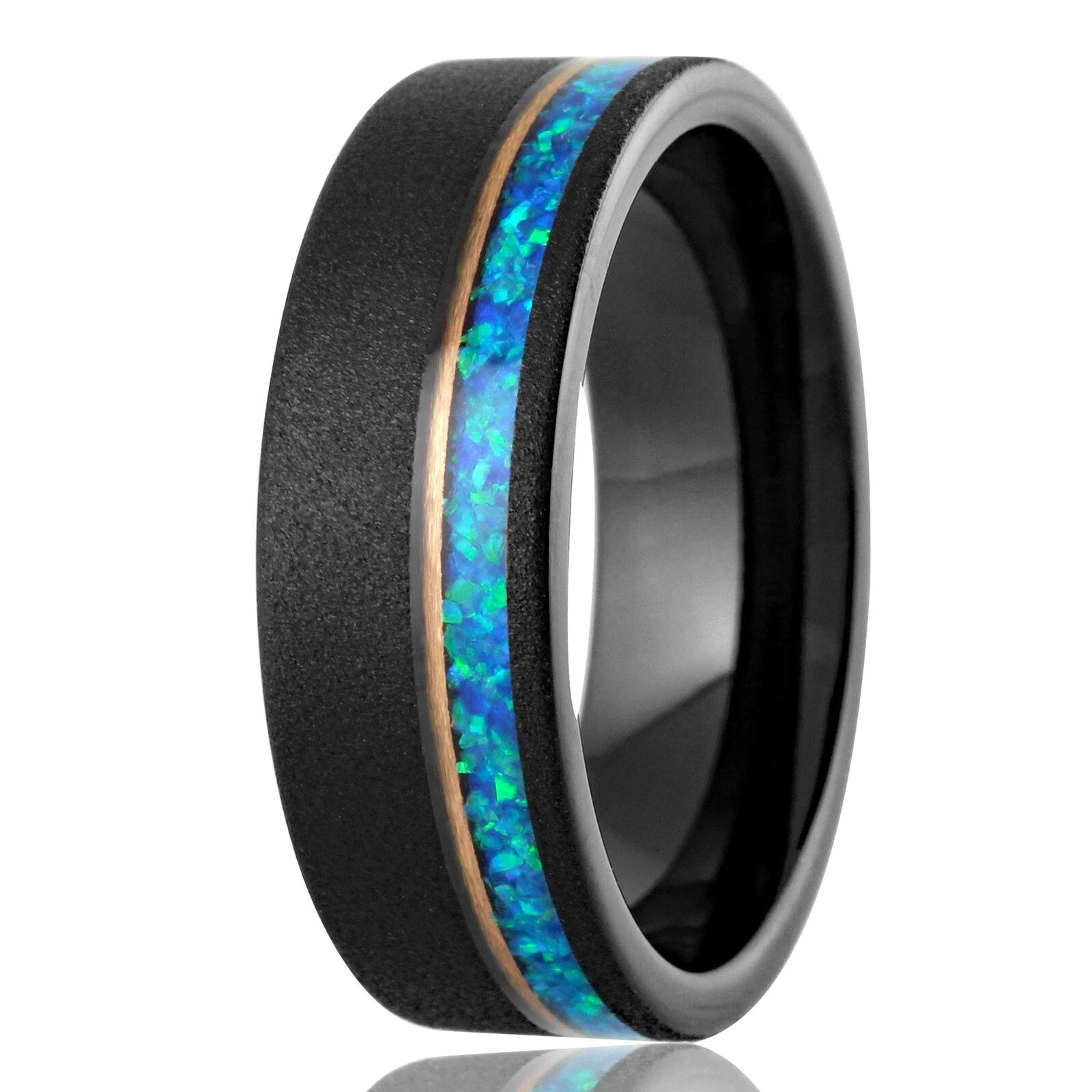 Other Black & Rose Gold Plated Tungsten Blue/Teal Opal Band Ring Size ONE SIZE - 2 Thumbnail