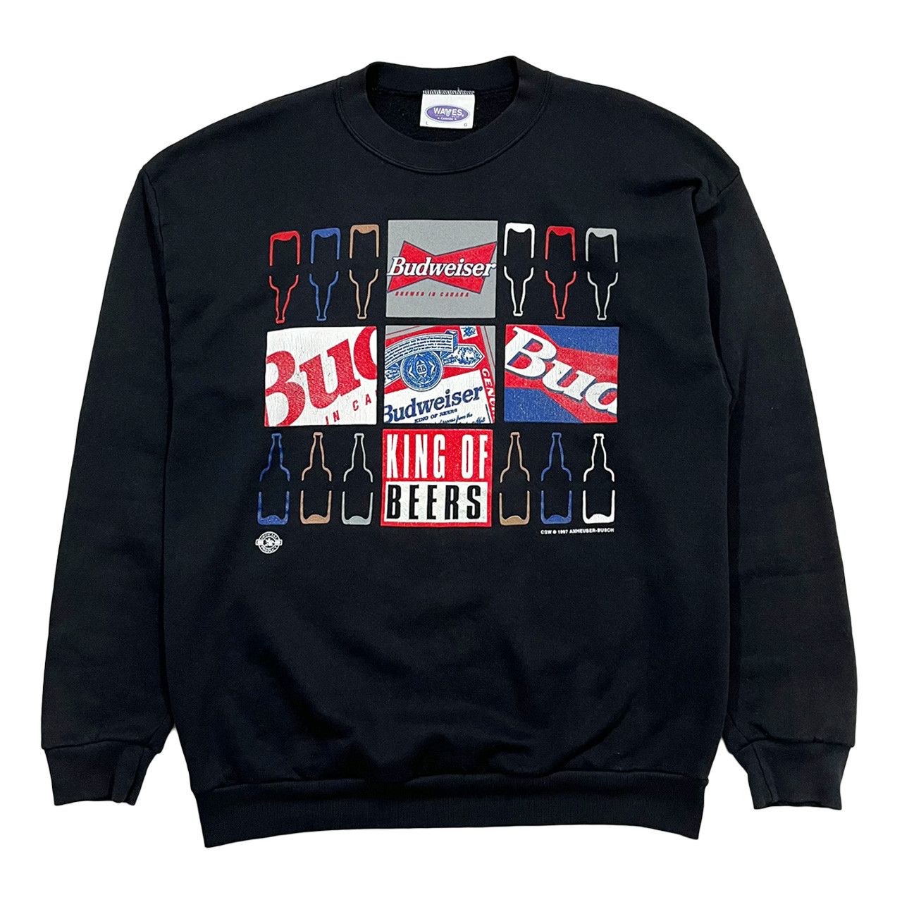 Sweat-shirt Vintage Budweiser Années 90 - Marque Lee, Taille L, Blanc, Motif Bière Grenouille, Occasion Bon état