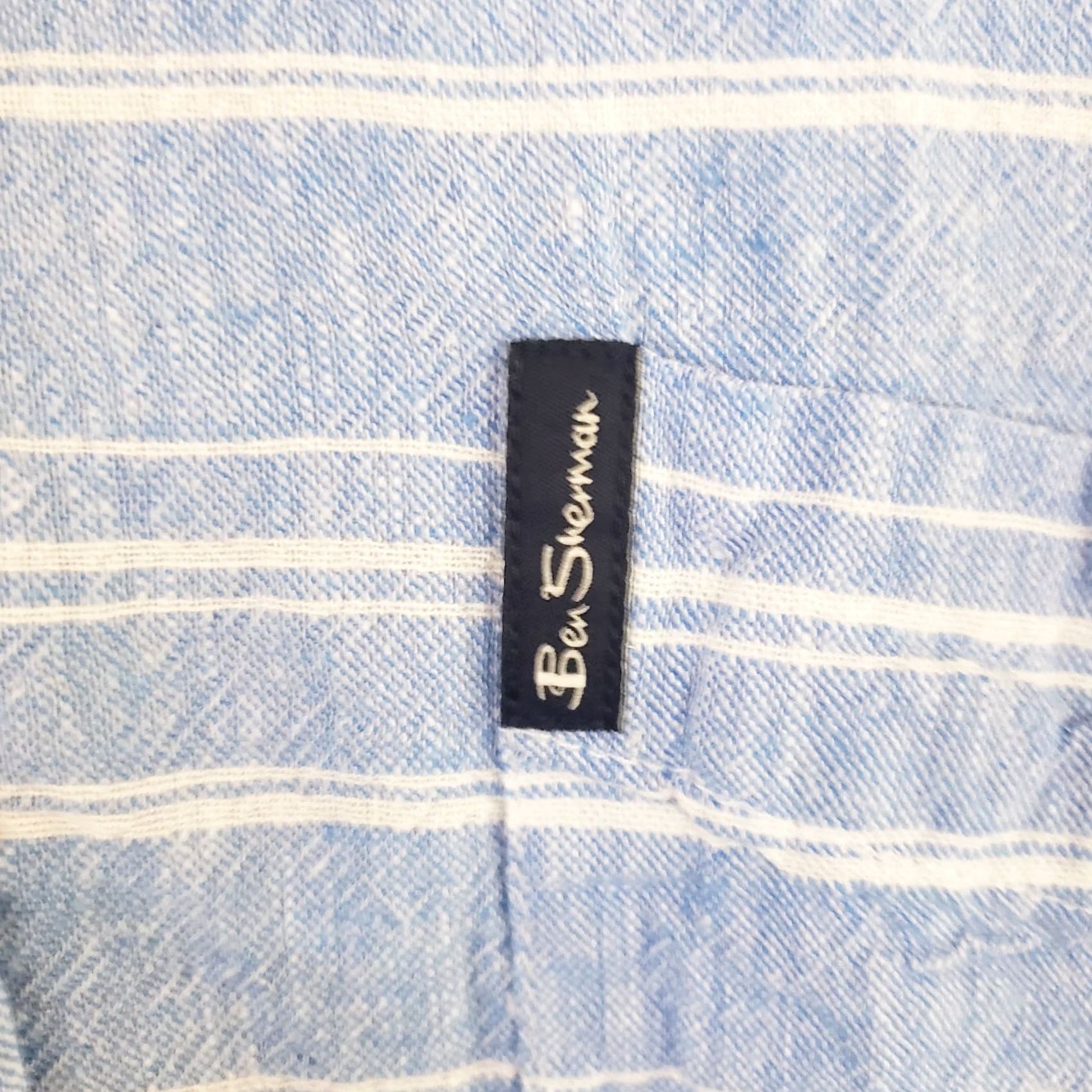 Ben Sherman Ben Sherman Mens L Blue Stripe Linen Blend Shirt Short Sleeve Collared Button-Up Casual Size US L / EU 52-54 / 3 - 4 Thumbnail