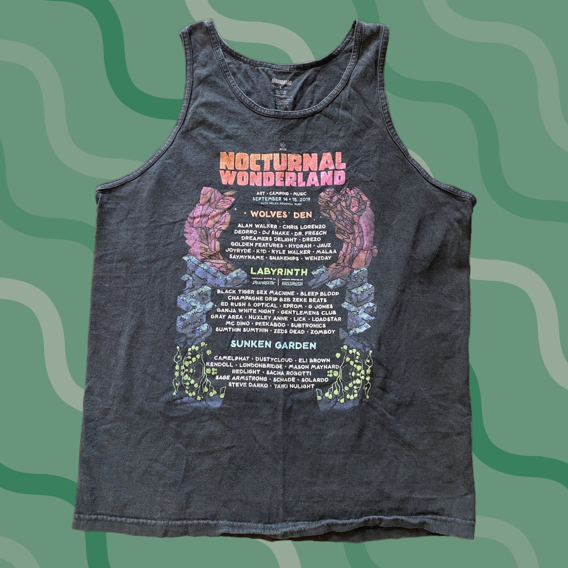 Vintage Nocturnal Wonderland Festival Lineup 2019 Insomniac Mens LARGE Tank Top Shirt Black T-Shirt Graphic Print Sleeveless Short Sleeve Tagless Printing Size US L / EU 52-54 / 3 - 1 Thumbnail