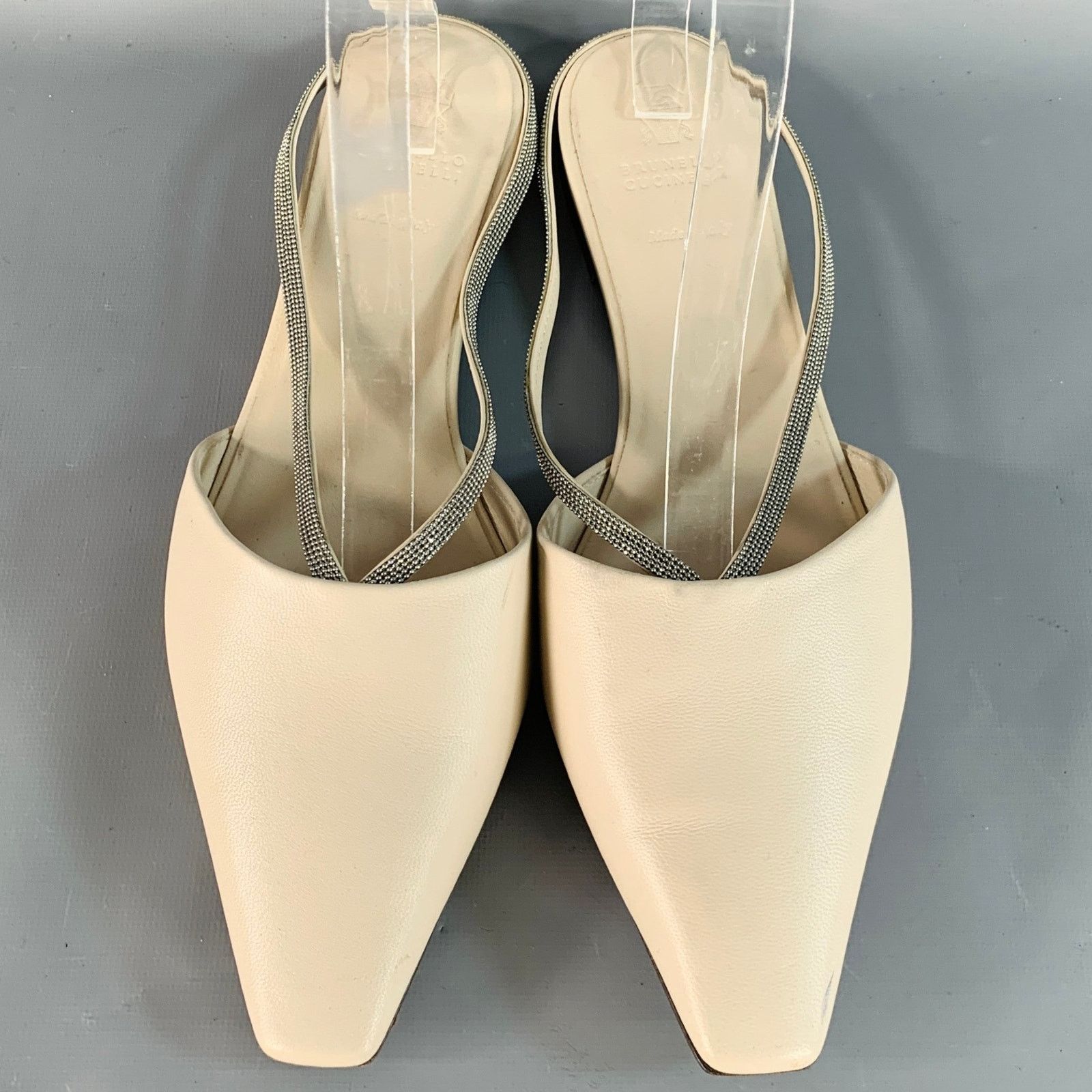 Brunello Cucinelli BRUNELLO CUCINELLI Beige Silver Leather Monili Slip On Flats Size US 10 / IT 40 - 4 Thumbnail