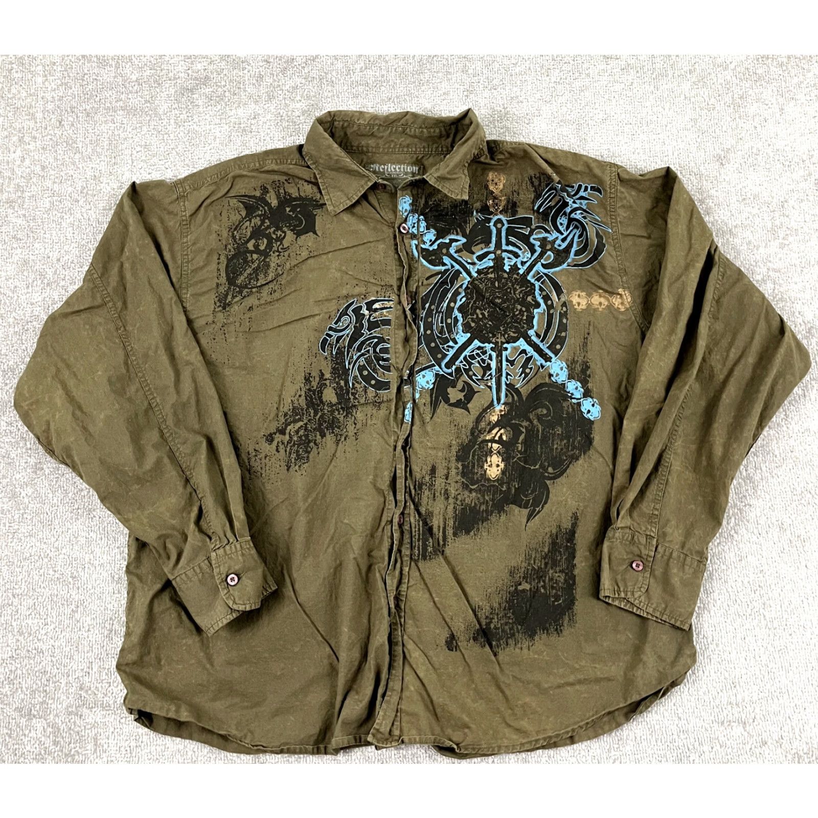 Affliction VINTAGE Affliction Shirt Mens 2XL Green Graphic Button-Up Long Sleeve Casual Grunge Punk Y2K Size US XXL / EU 58 / 5 - 2 Thumbnail