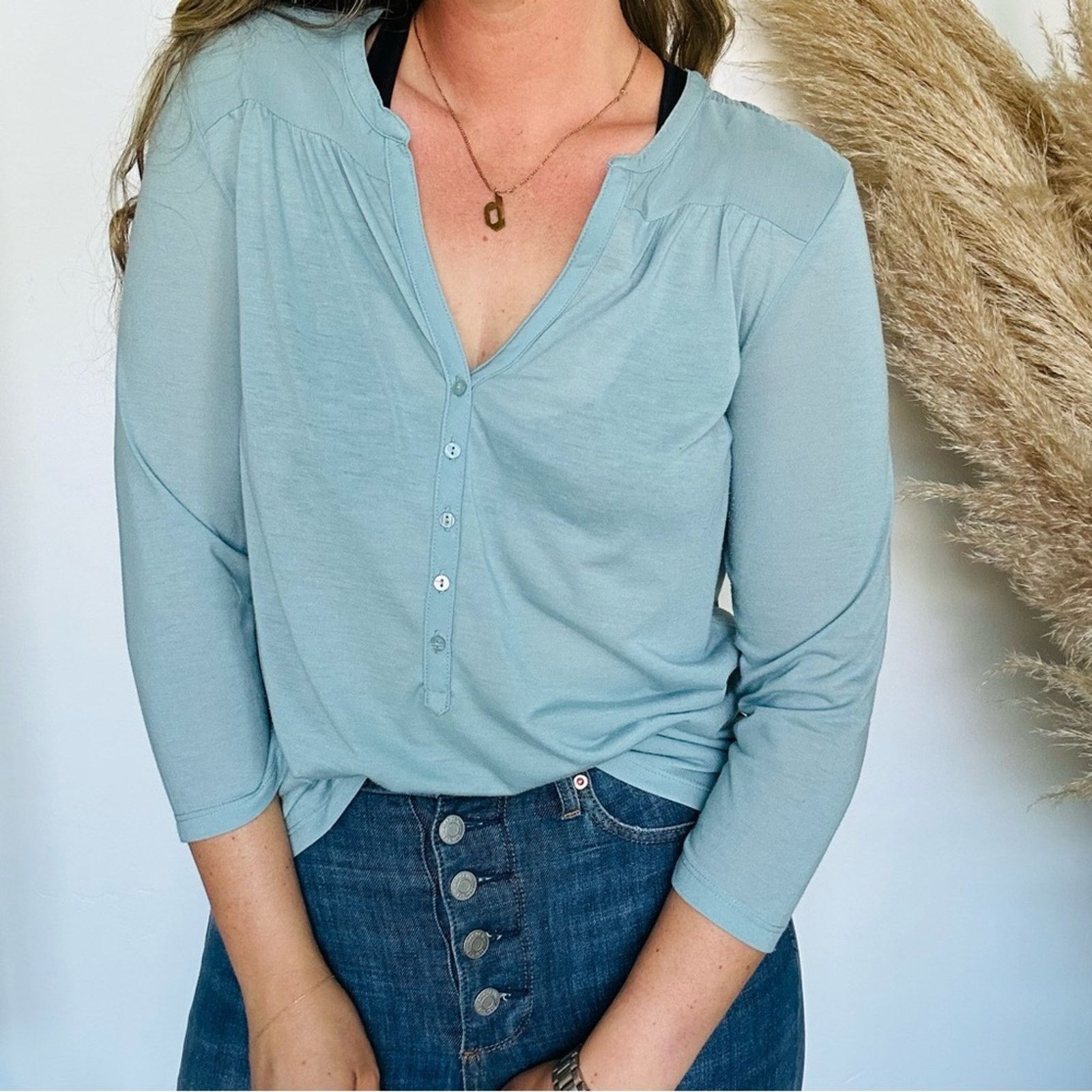 H&M VINTAGE H&M Light Blue Teal Top White Button Blouse Shirt Size M / US 6-8 / IT 42-44 - 3 Thumbnail