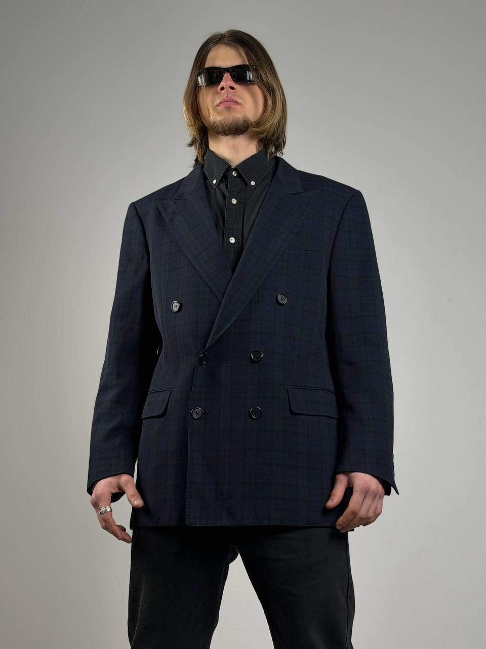 Vintage Burberry Double Breasted Blazer Nova Check Dark Navy