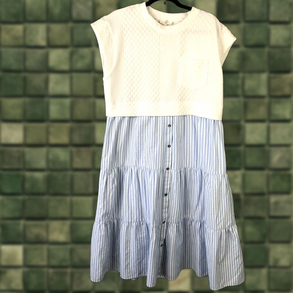 Nautica Entro Dress Womens M Textured Knit Stripe Tiered Skirt Pockets Nautical Shirt Dress Mid Blue White Multicolor Knit Nautical Spring Summer Womens Size 32" / US 10 / IT 46 - 1 Thumbnail
