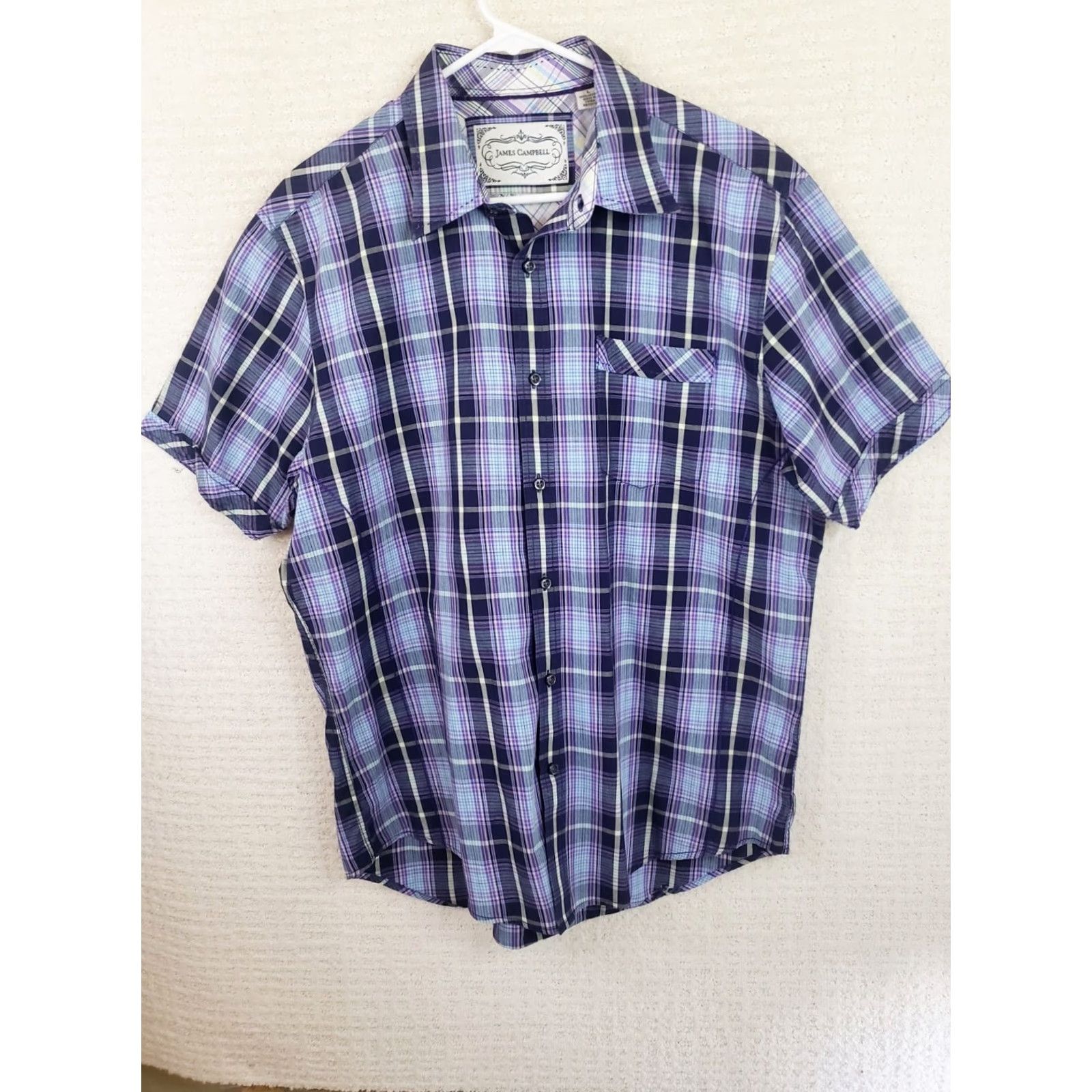 Vintage James Campbell Men's L Button-Down Shirt Blue Purple Plaid Short Sleeve Casual Workwear Travel Party/Cocktail Size US L / EU 52-54 / 3 - 2 Thumbnail