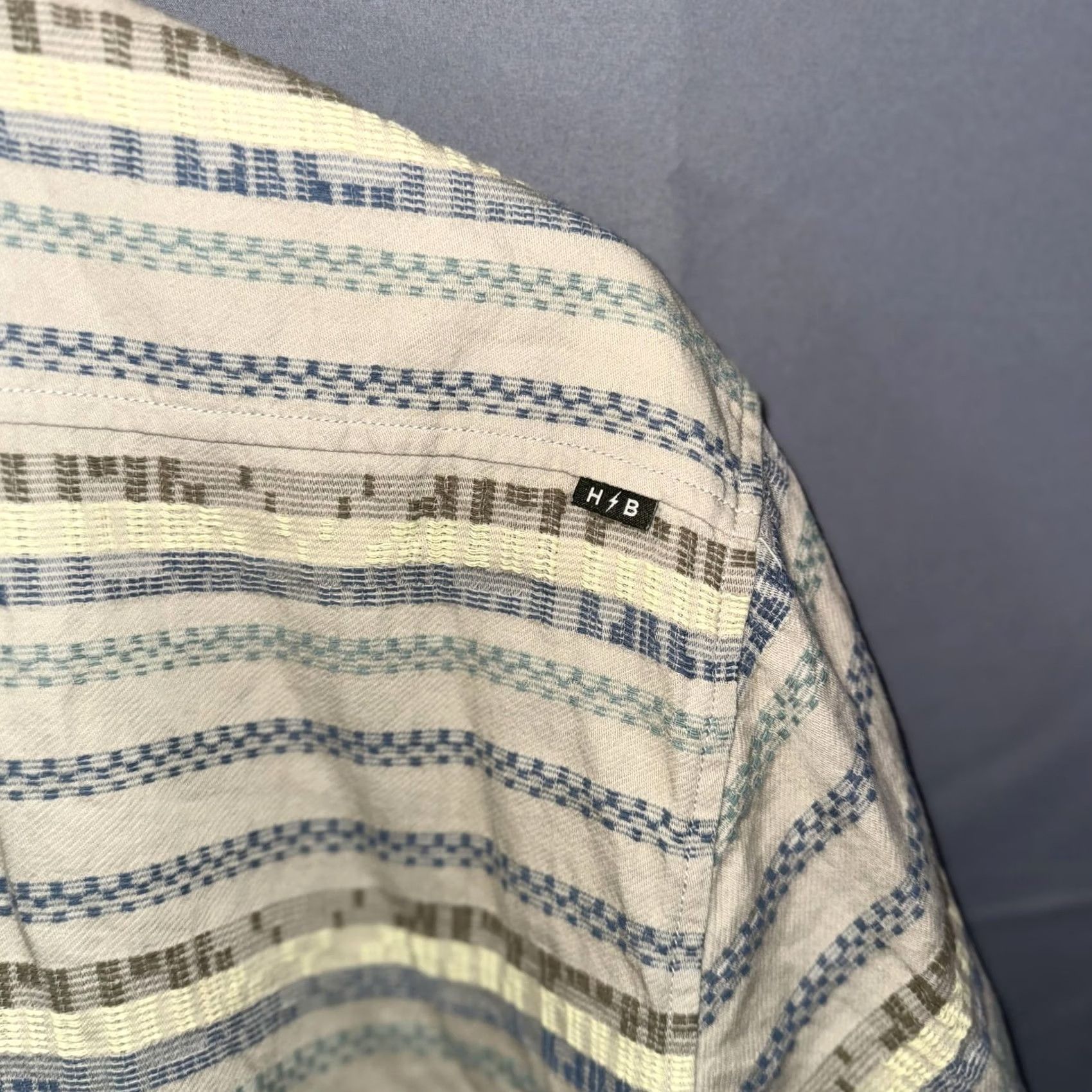 Vintage Howler Bros Shirt Mens L Beige Blue Striped Short Sleeve Button Front Cotton Size US L / EU 52-54 / 3 - 3 Thumbnail