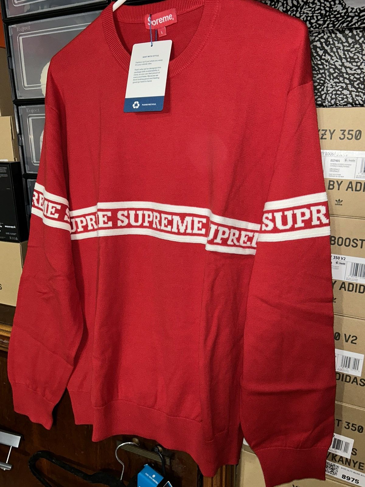 Supreme SUPREME LOGO STRIPE KNIT TOP RED FW19 LARGE BRAND NEW Size US L / EU 52-54 / 3 - 3 Thumbnail