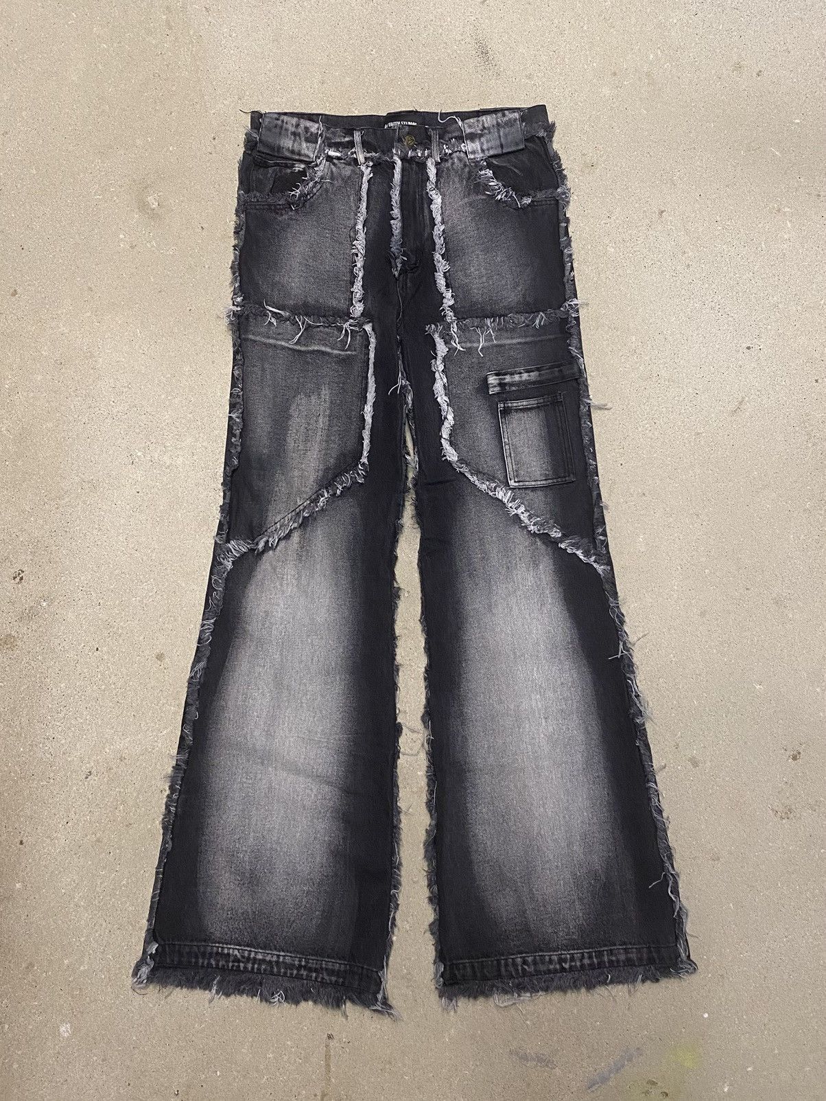No Faith Studios Flared Denim Stone Wash Grey No Faith Studios