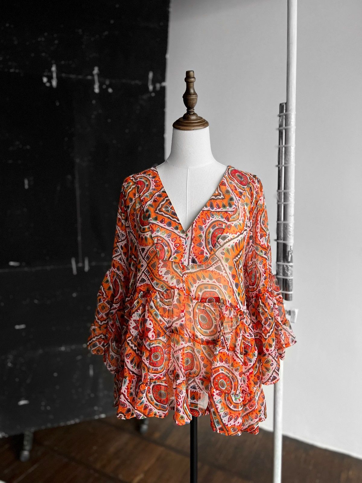 Designer Antica Sartoria by Giacomo Cinque Orange 3/4 Sleeve Blouse Size ONE SIZE - 1 Thumbnail