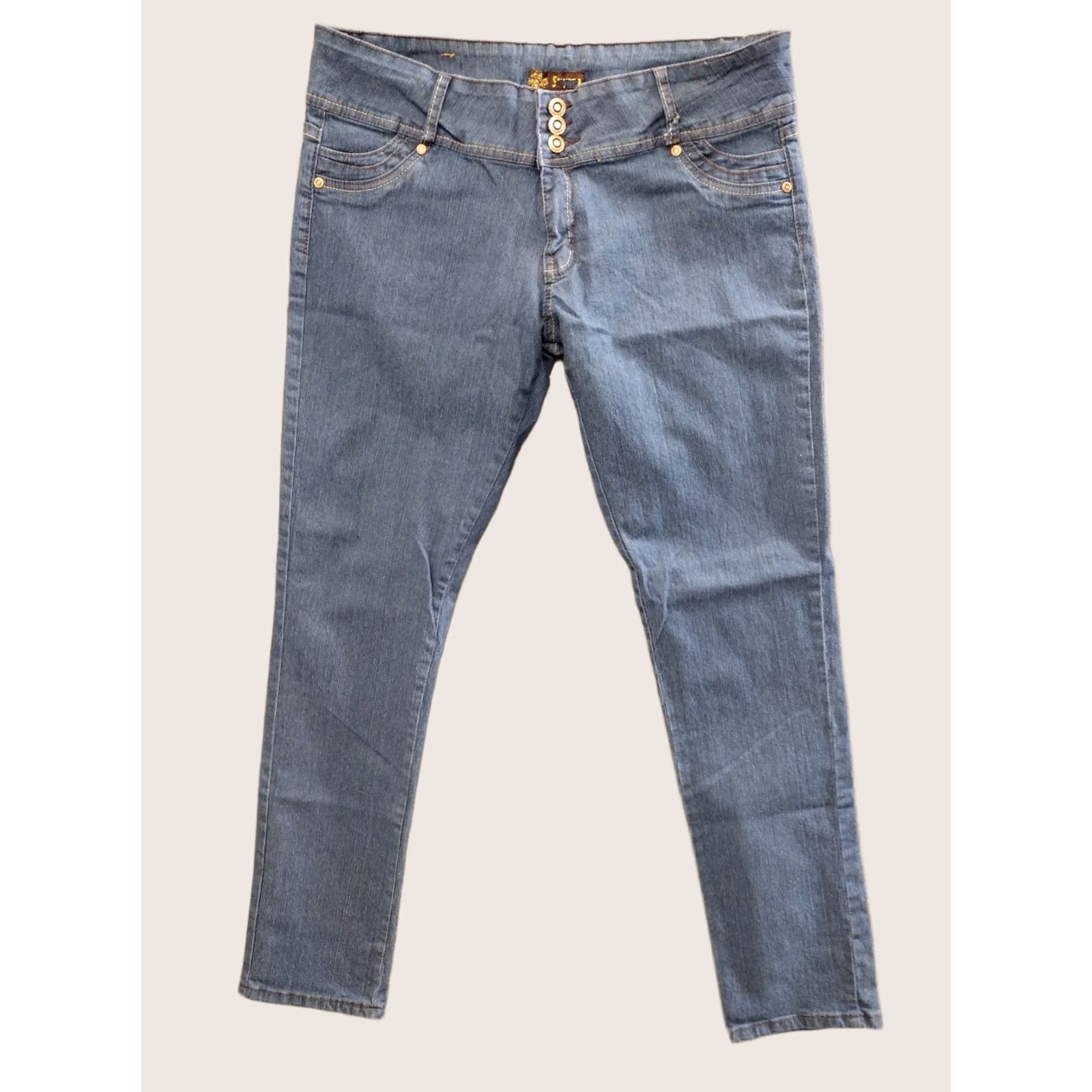 Vintage Unbranded Women's Skinny Jeans 21/22 Button Closure Denim Blue Slim Plus Size 30 Inseam City Pattern Stretch Medium Wash Jeans Trousers Size 42" / US 20 - 1 Thumbnail