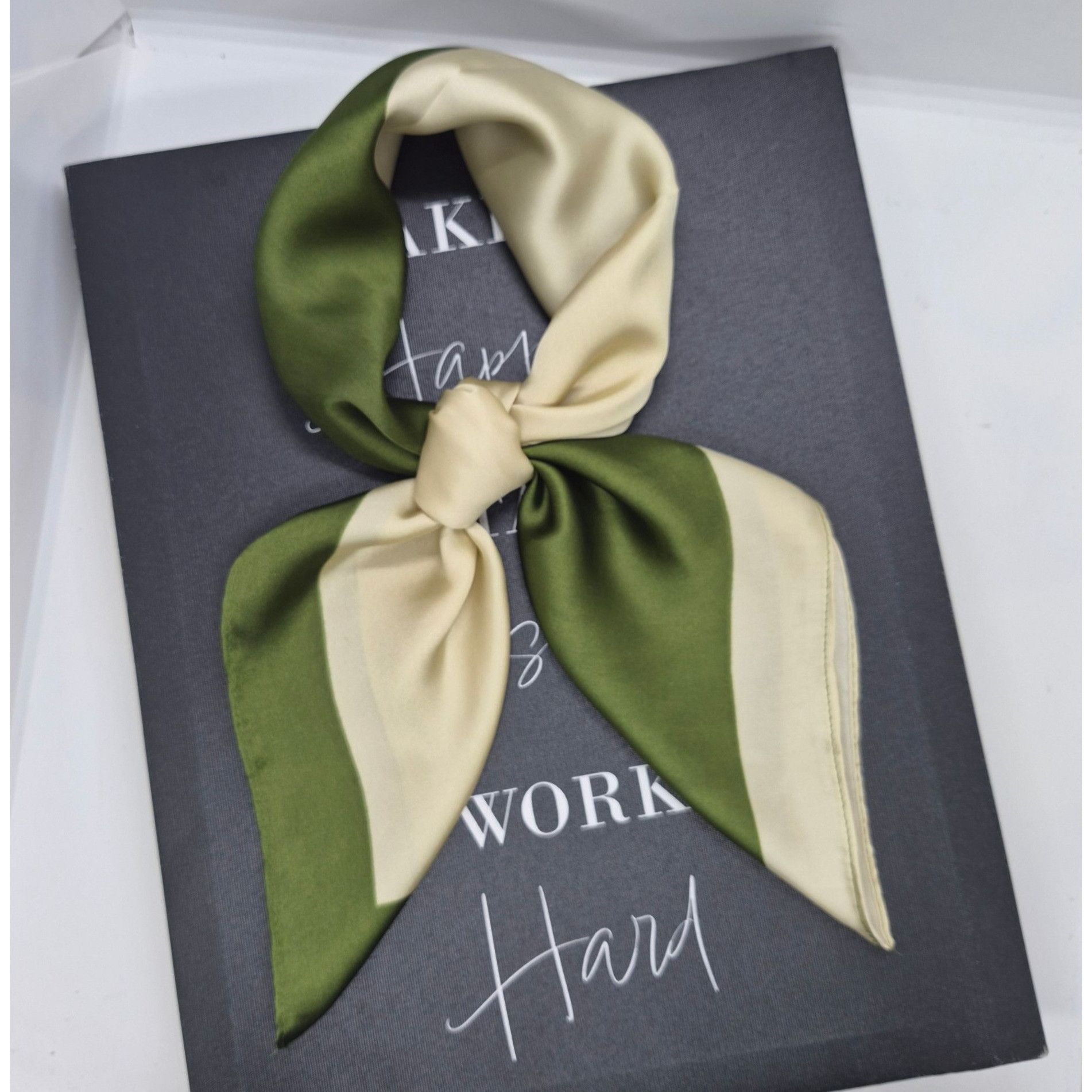 Other New Elegant Bandana Square Scarf GREEN Soft Beige Wrap Silky Size ONE SIZE - 1 Thumbnail