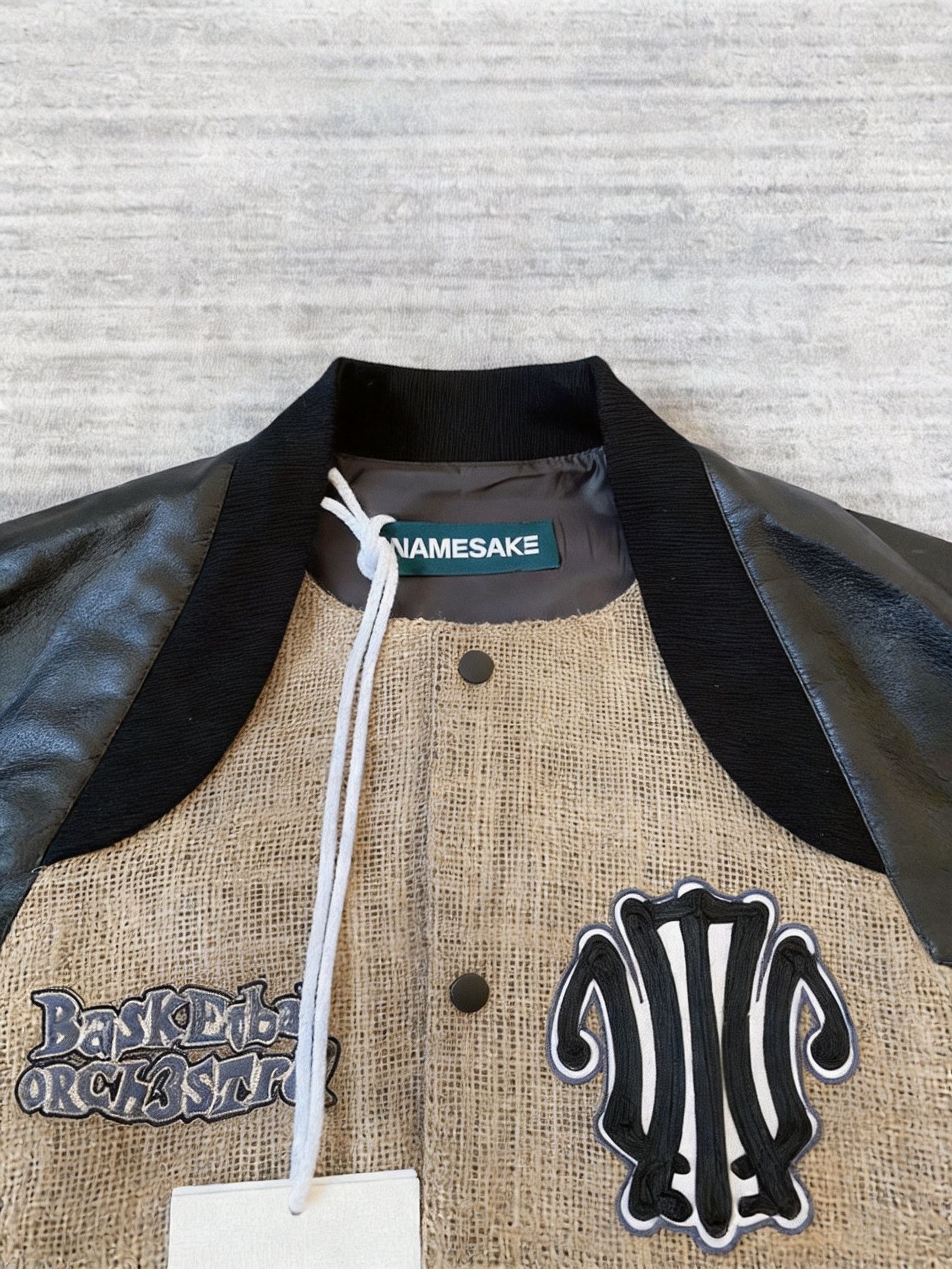 Namesake Woven Leather-Sleeve Patch Jacket in Beige, Men's — image 4 of 6