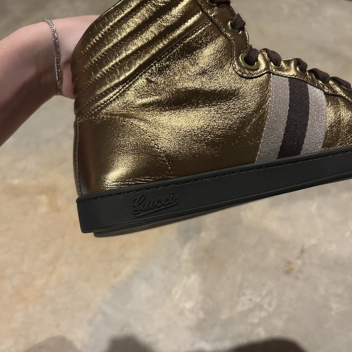 Designer × Gucci Gucci Nappa Silk Metallic Gold Web Stripe High Top Sneakers Size US 13 / EU 46 - 10 Thumbnail