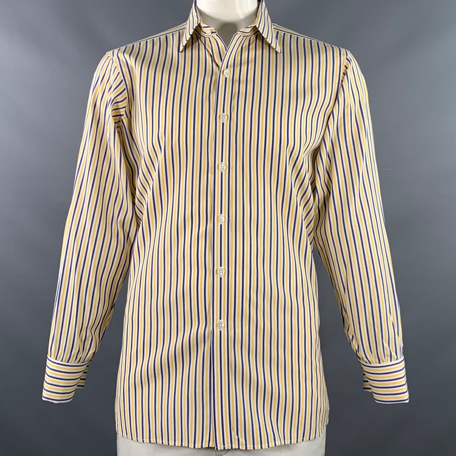 Turnbull & Asser White Navy Yellow Stripe Cotton French Cuff Long Sleeve Size US L / EU 52-54 / 3 - 1 Thumbnail