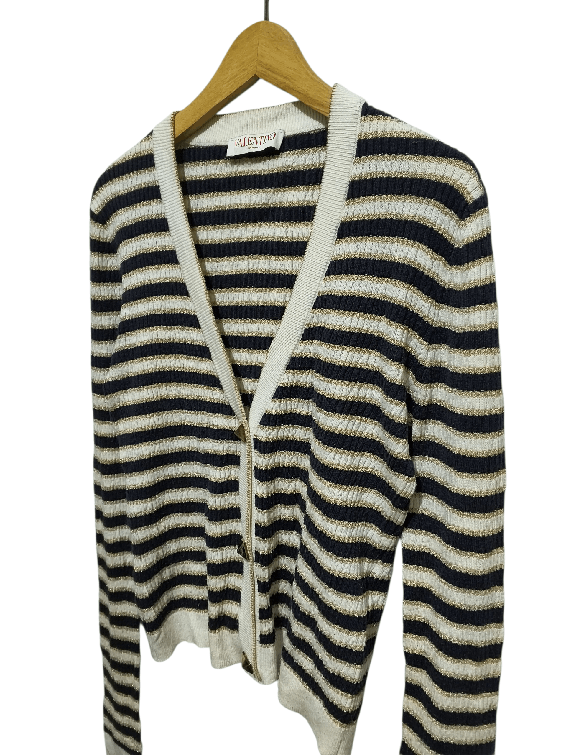 Valentino 🔥Valentino Navy,Cream & Gold Lurex Striped Cropped Cardigan Size M / US 6-8 / IT 42-44 - 8 Thumbnail