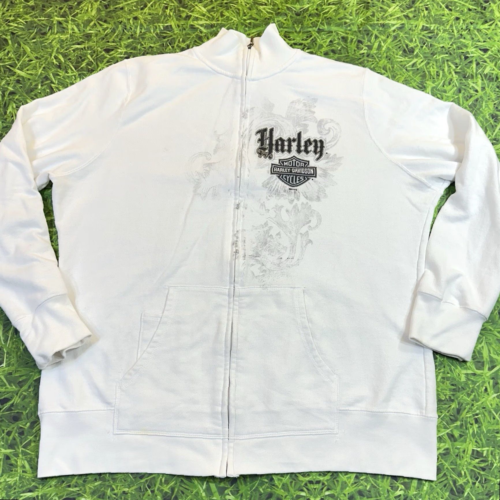Harley Davidson Harley-Davidson Women's XL Long Sleeve Y2K Full Zip Sweatshirt Mock Neck White Logo Zipper Size XL / US 12-14 / IT 48-50 - 2 Thumbnail