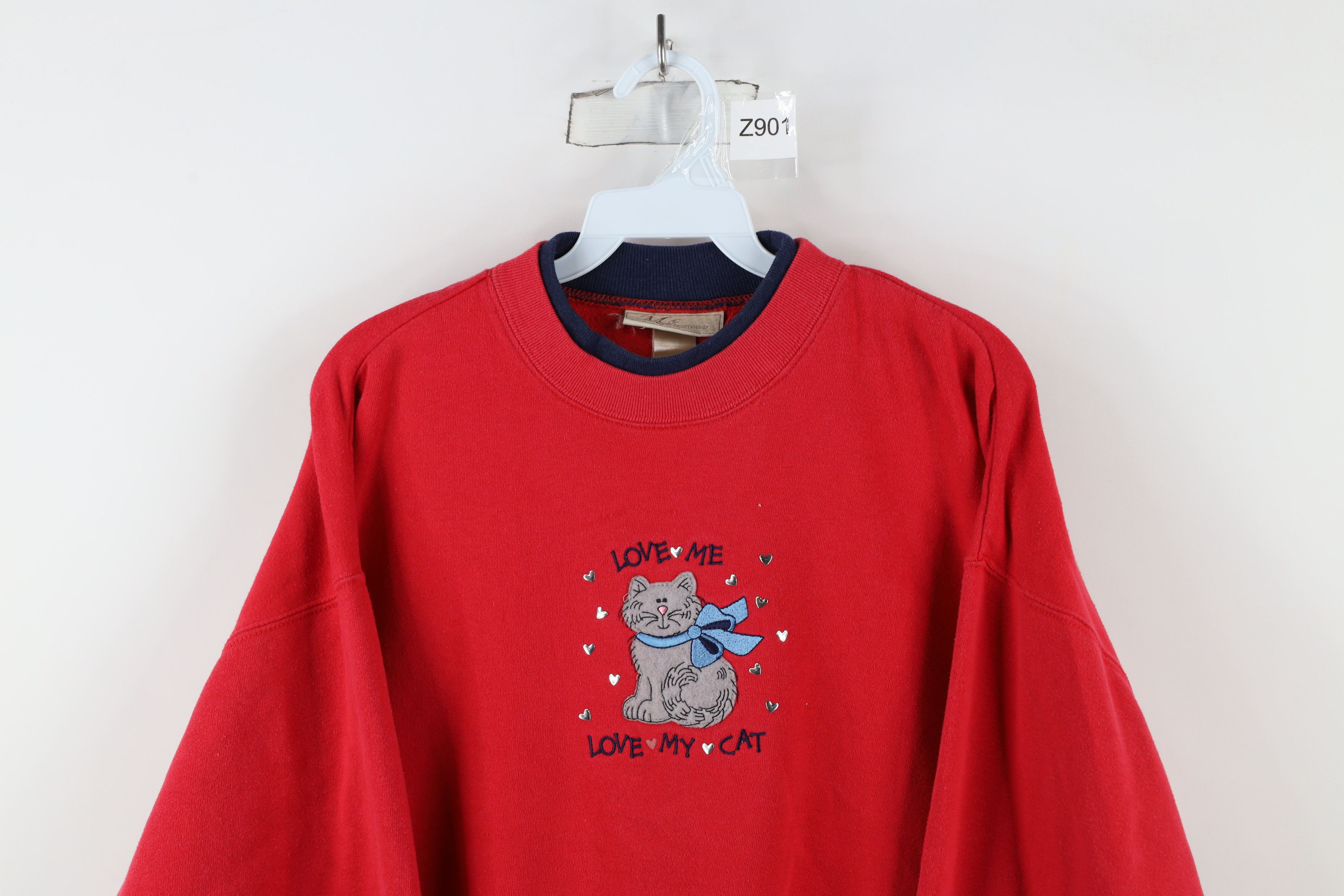 Vintage Vintage 90s Streetwear Love Me Love My Cat Sweatshirt Red Size L / US 10 / IT 46 - 2 Thumbnail