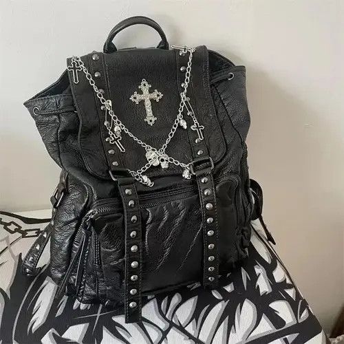 VIBE Goth Y2k Backpack Punk Bag artificial leather cross Skeleton Size ONE SIZE - 1 Thumbnail