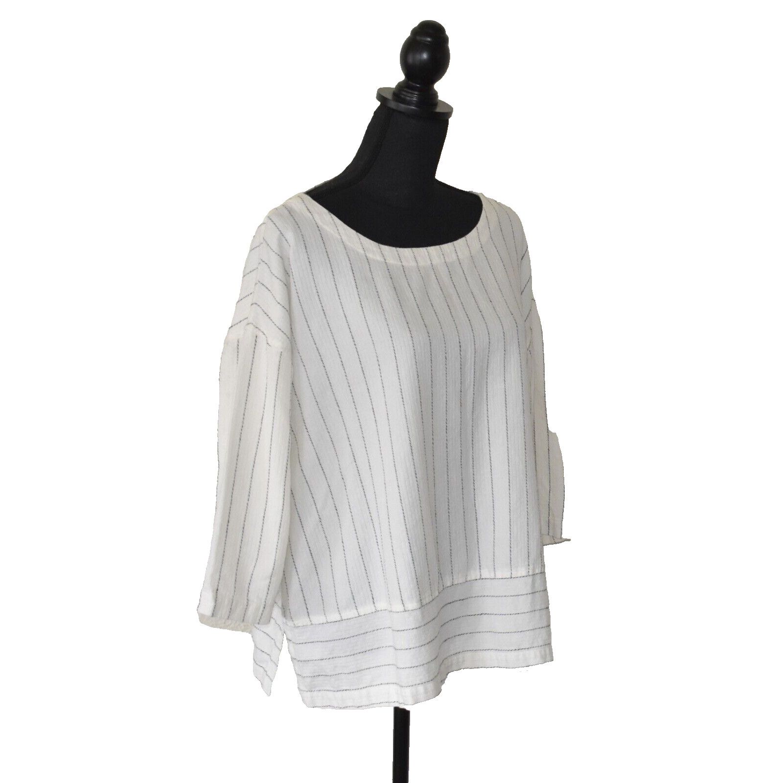 Eileen Fisher EILEEN FISHER Striped Tencel Org Cotton 3/4 Sleeve Top Sz L Size L / US 10 / IT 46 - 2 Thumbnail
