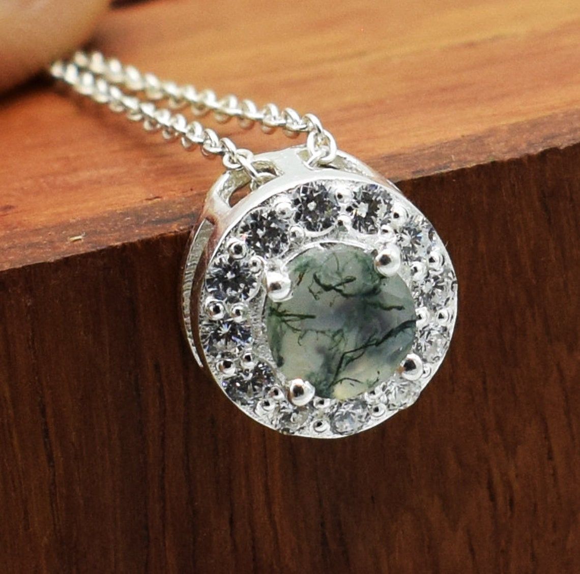 Handmade Moss Agate Pendant: Round Gemstone, 925 K Silver Necklace Size ONE SIZE - 2 Thumbnail