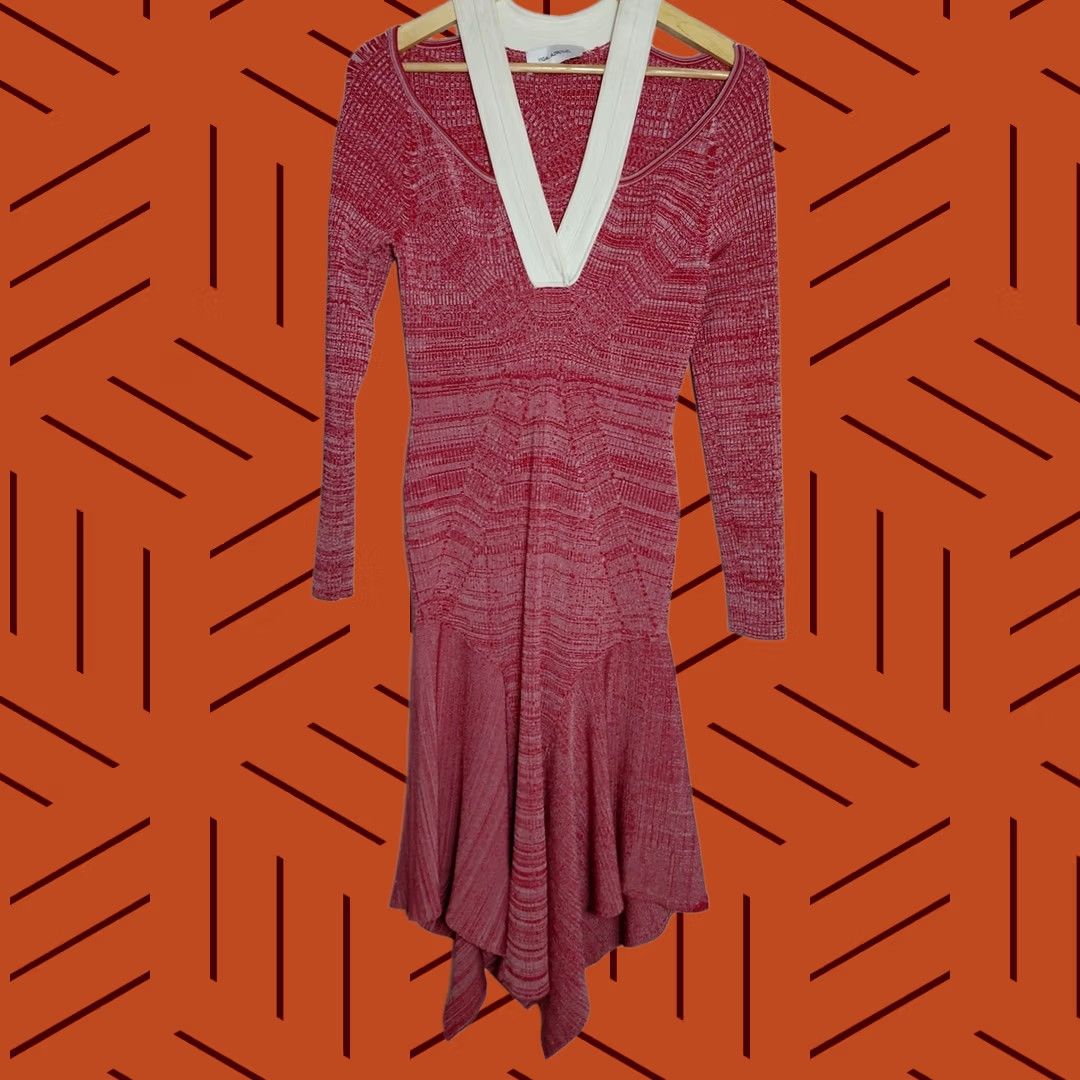 Vintage YIGAL AZROUËL Red Knit Dress Long Sleeve Solid V-Neck Midi Women Size L Size L / US 10 / IT 46 - 1 Thumbnail