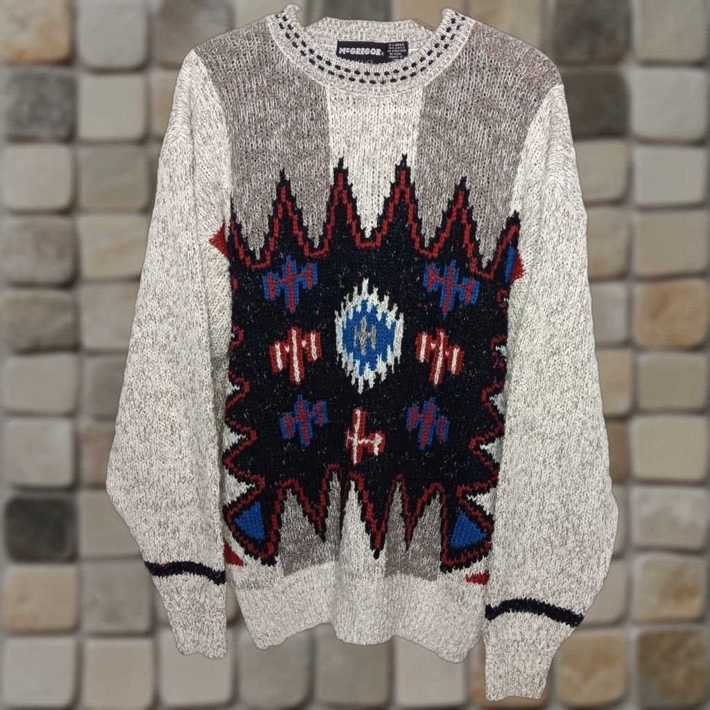 McGregor VINTAGE McGregor Sweater XL Crew Neck Pullover Southwest Geometric Knit 1990s Autumn Winter Mens Regular Gray/Tan/Natural Size US XL / EU 56 / 4 - 1 Thumbnail
