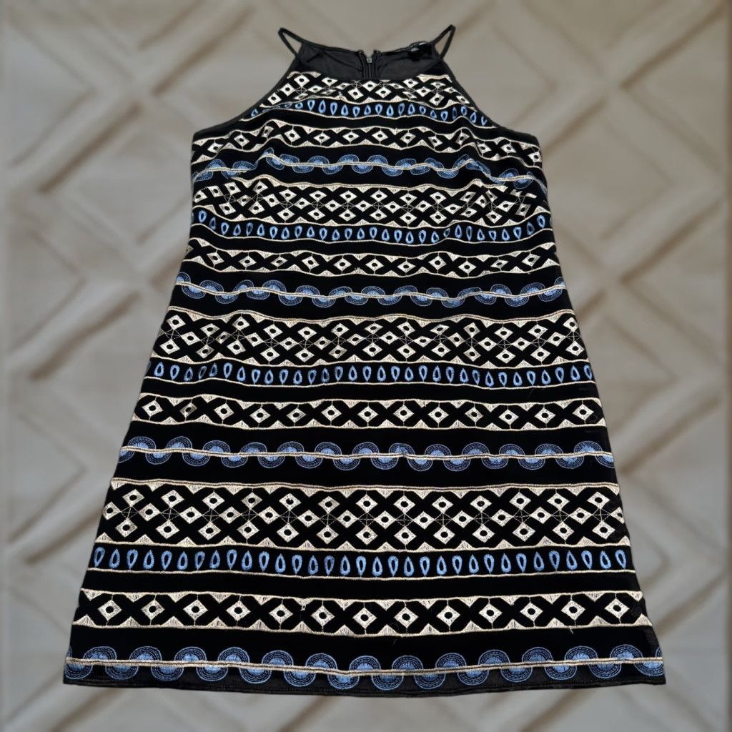 White House Black Market White House Black Market Embroidered Halter Mini Dress 12 Black Blue Geometric Womens Size XL / US 12-14 / IT 48-50 - 1 Thumbnail