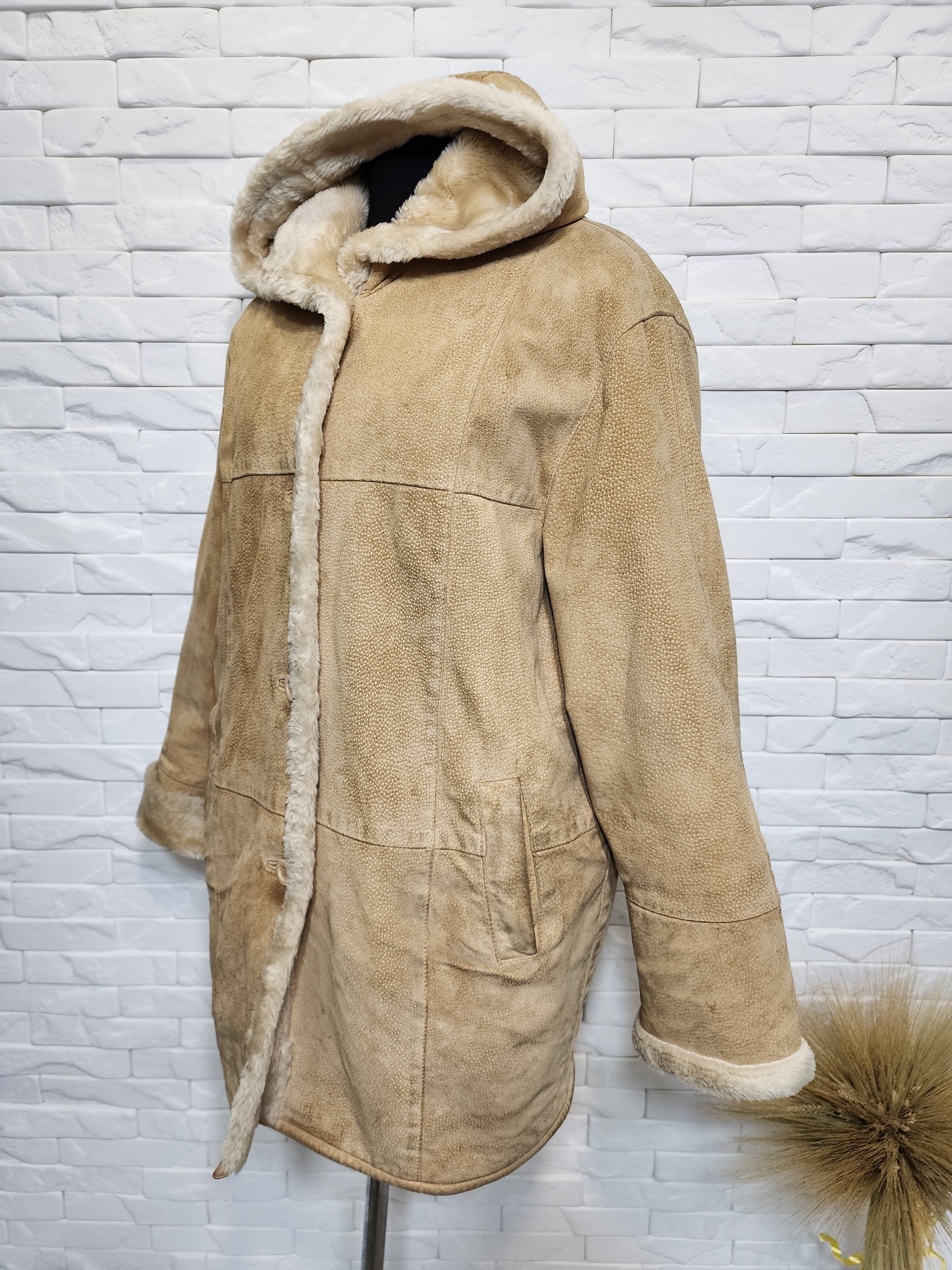Genuine Leather Brown Women's Fur Jacket: Women's Vintage Button Hooded Coat Size XXL / US 16-18 / IT 52-54 - 3 Thumbnail