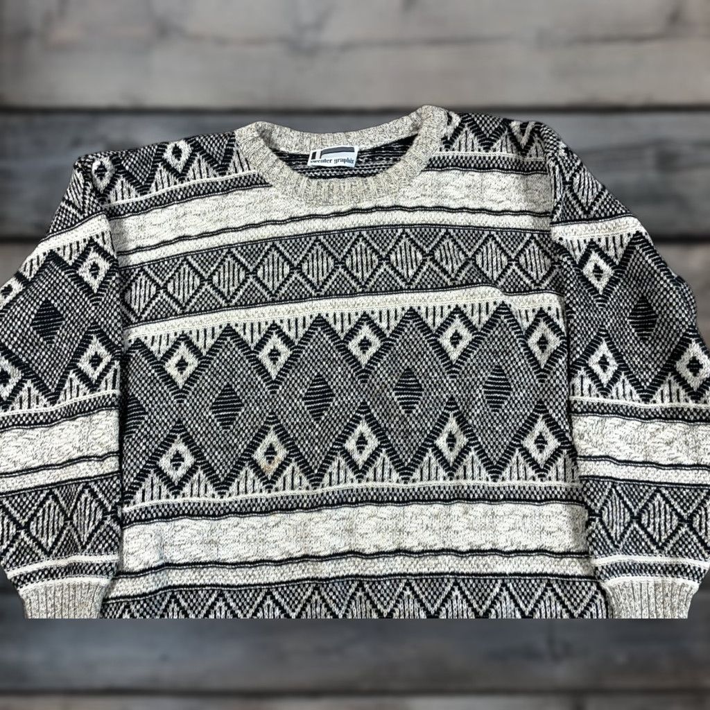 Vintage VTG Geometric Pattern Sweater Adult XL Beige Heavyweight Chunky Knit Cotton Blend Pullover Men 90s Casual Vintage Size US XL / EU 56 / 4 - 1 Thumbnail
