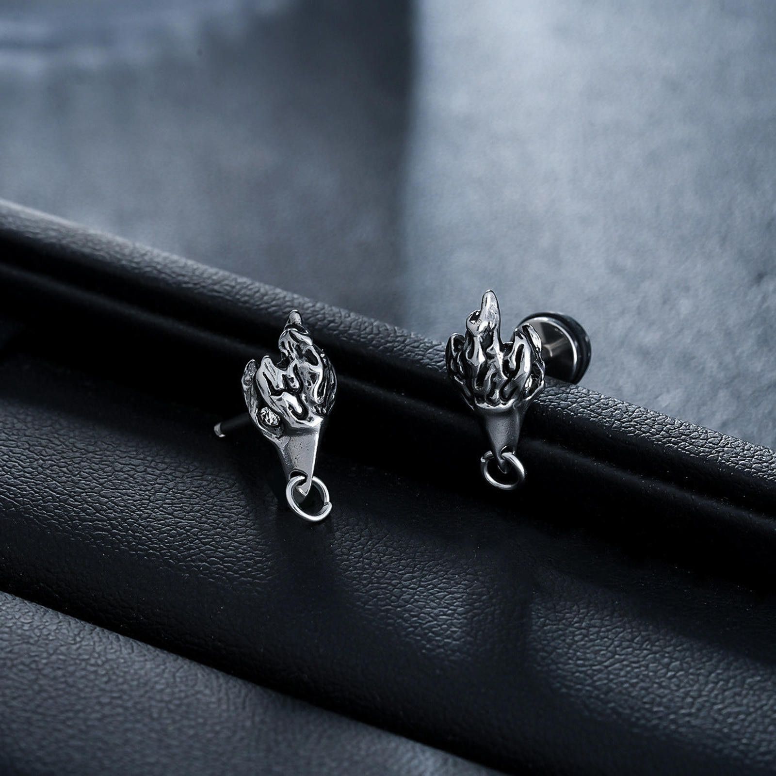 Jewelry Silver Flame Stud Earrings, Men's Gothic Accessories Size ONE SIZE - 5 Thumbnail