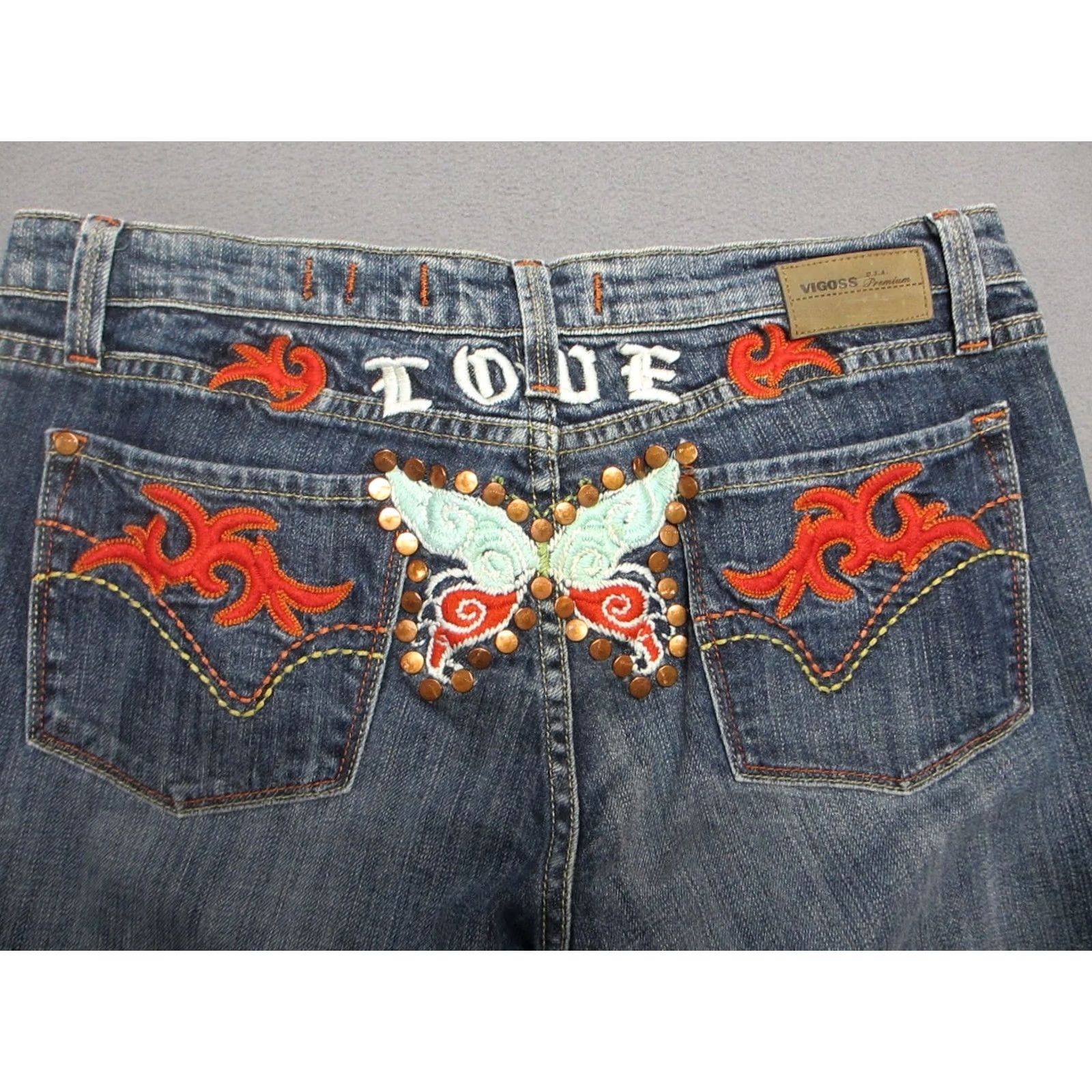 Vintage Vigoss Womens Jeans Blue Bootcut Embroidered Butterfly Mid Rise - 11/12 - Buy Online Size 34" / US 12 / IT 48 - 3 Thumbnail