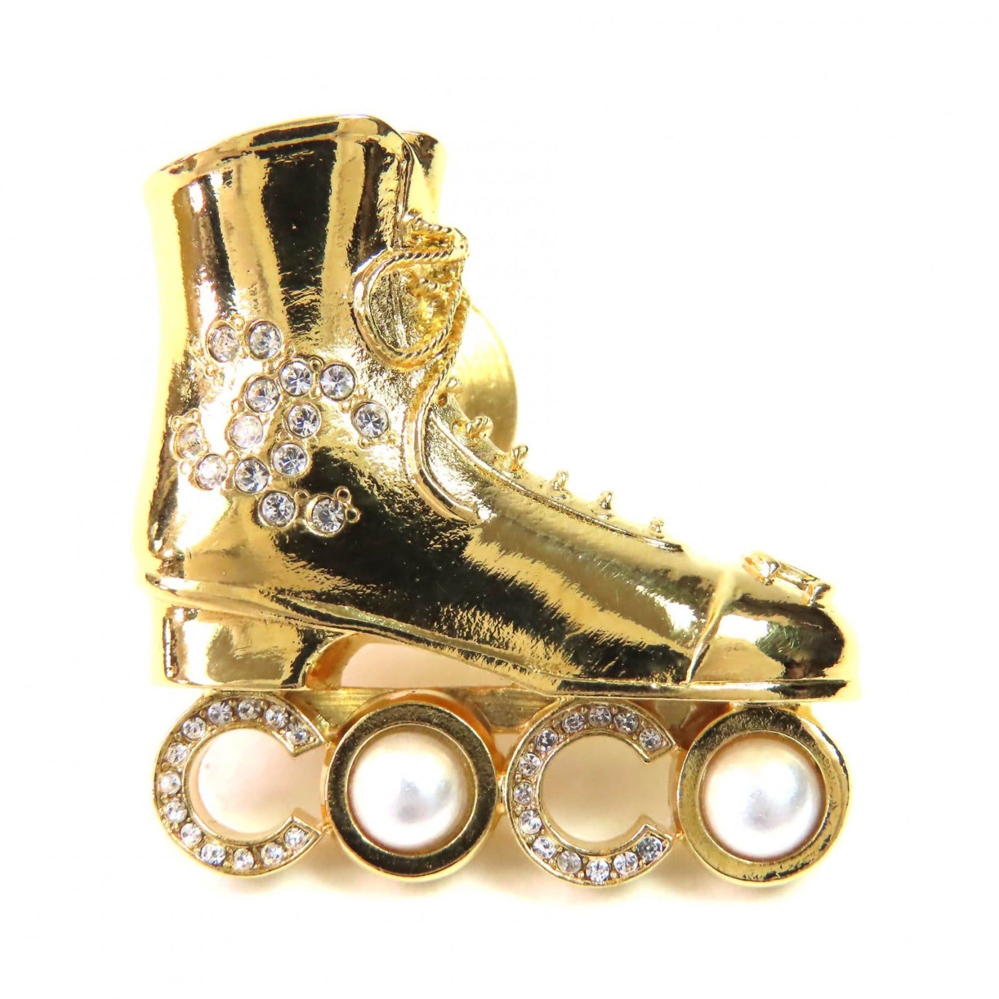 Chanel CHANEL F24 Roller Skate COCO Brooch with Faux Pearl and Coco Mark Rhinestones, Gold, Made in France, Women's Size ONE SIZE - 1 Thumbnail